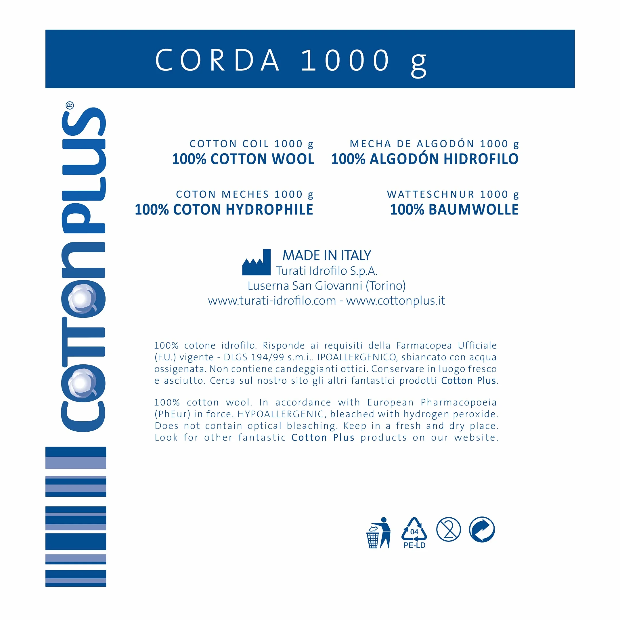 Cotton Plus CORDA 1000 g - LINEA PROFESSIONALE | 100% PURO COTONE IDROFILO CARDATO PER USO PROFESSIONALE | Morbido e assorbente.
