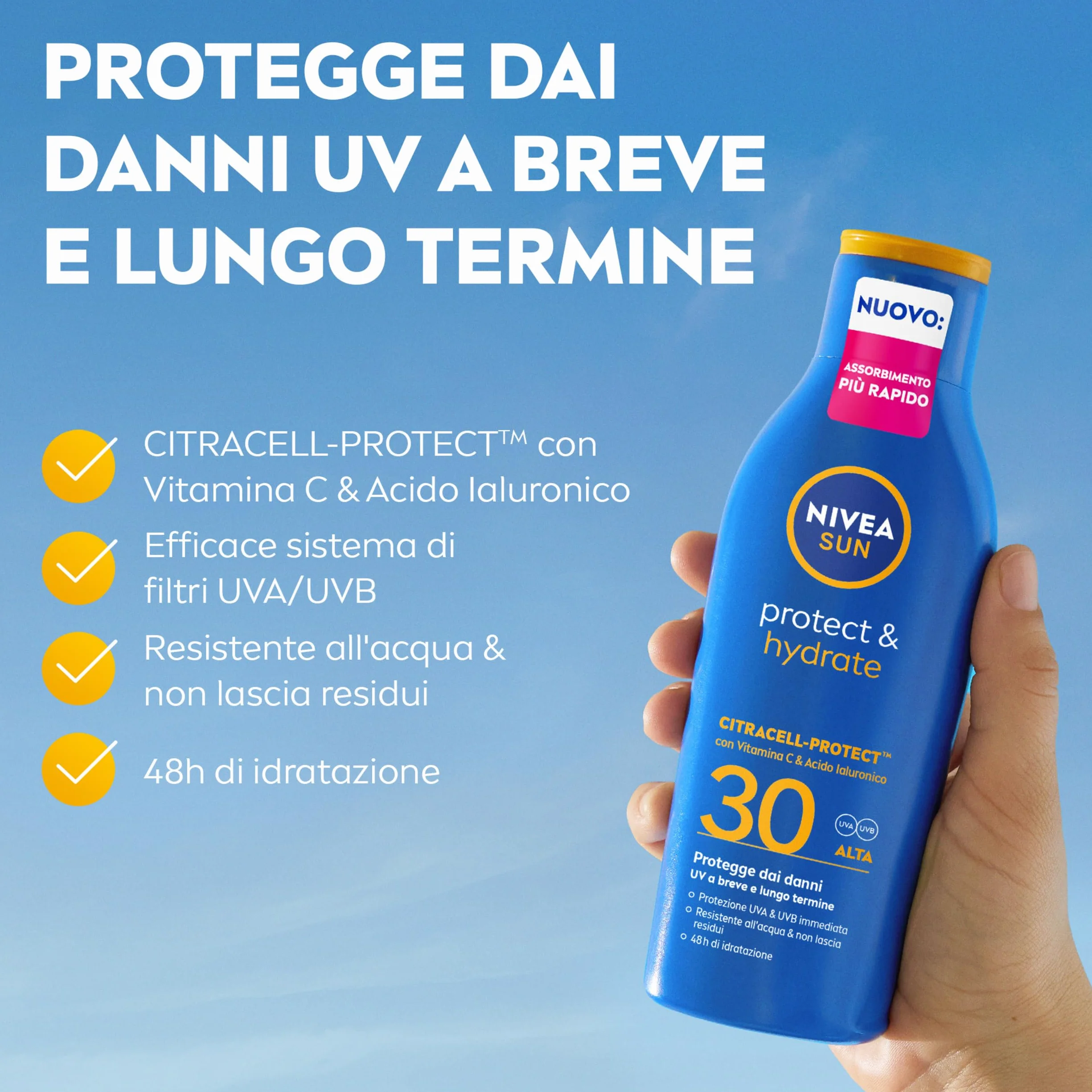 NIVEA SUN Protect & Hydrate Crema Solare SPF 30 200 ml Idratante 48h Resistente all'Acqua Vitamina C Acido Ialuronico