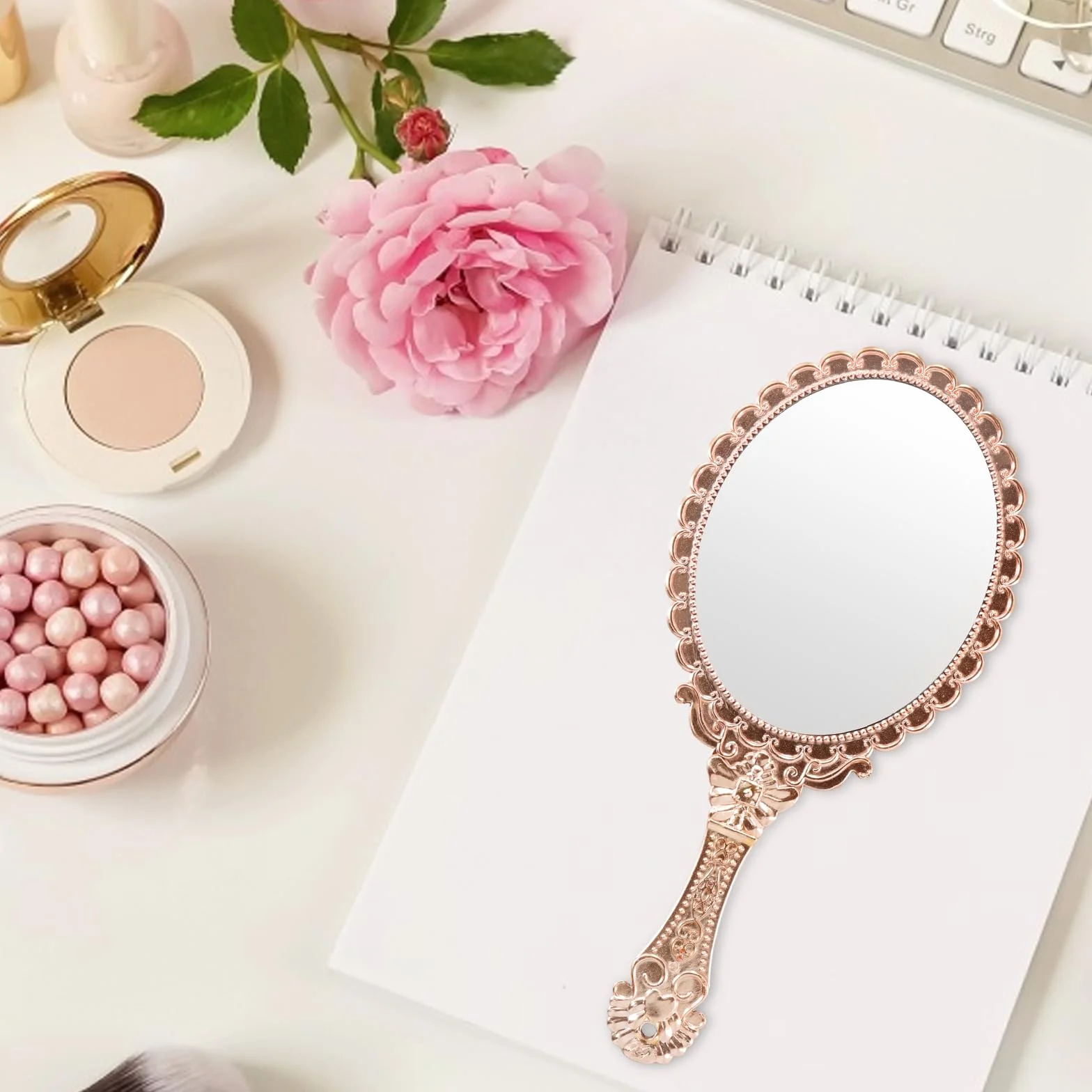 Specchio tascabile vintage, specchio da viaggio, specchio da viaggio, specchio vintage per il trucco per ragazze e donne bellezza trucco (oro rosa)