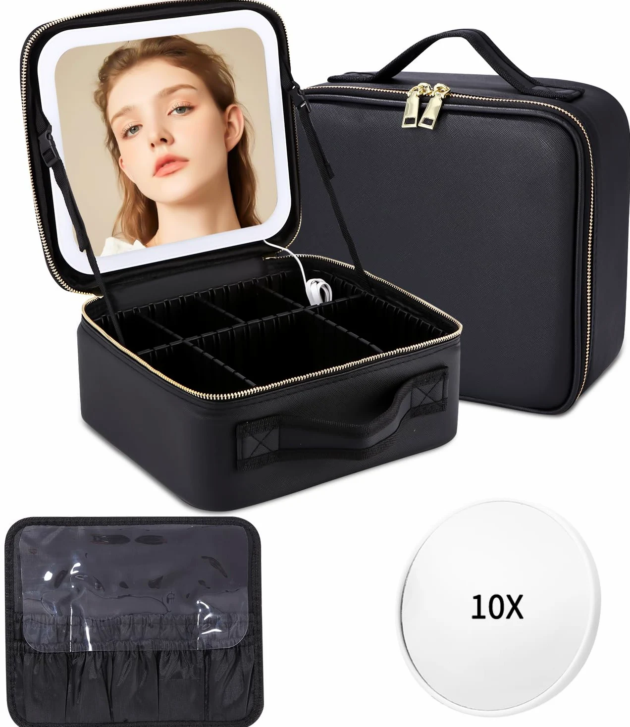 Borsa Cosmetici Con Specchio Led,Valigetta Trucco Portatile con Divisori Regolabili,Porta Trucchi Con Specchio Con 3 Modalità Illuminazione,Cosmetico Impermeabile Strumenti Trucco Accessori per Donna