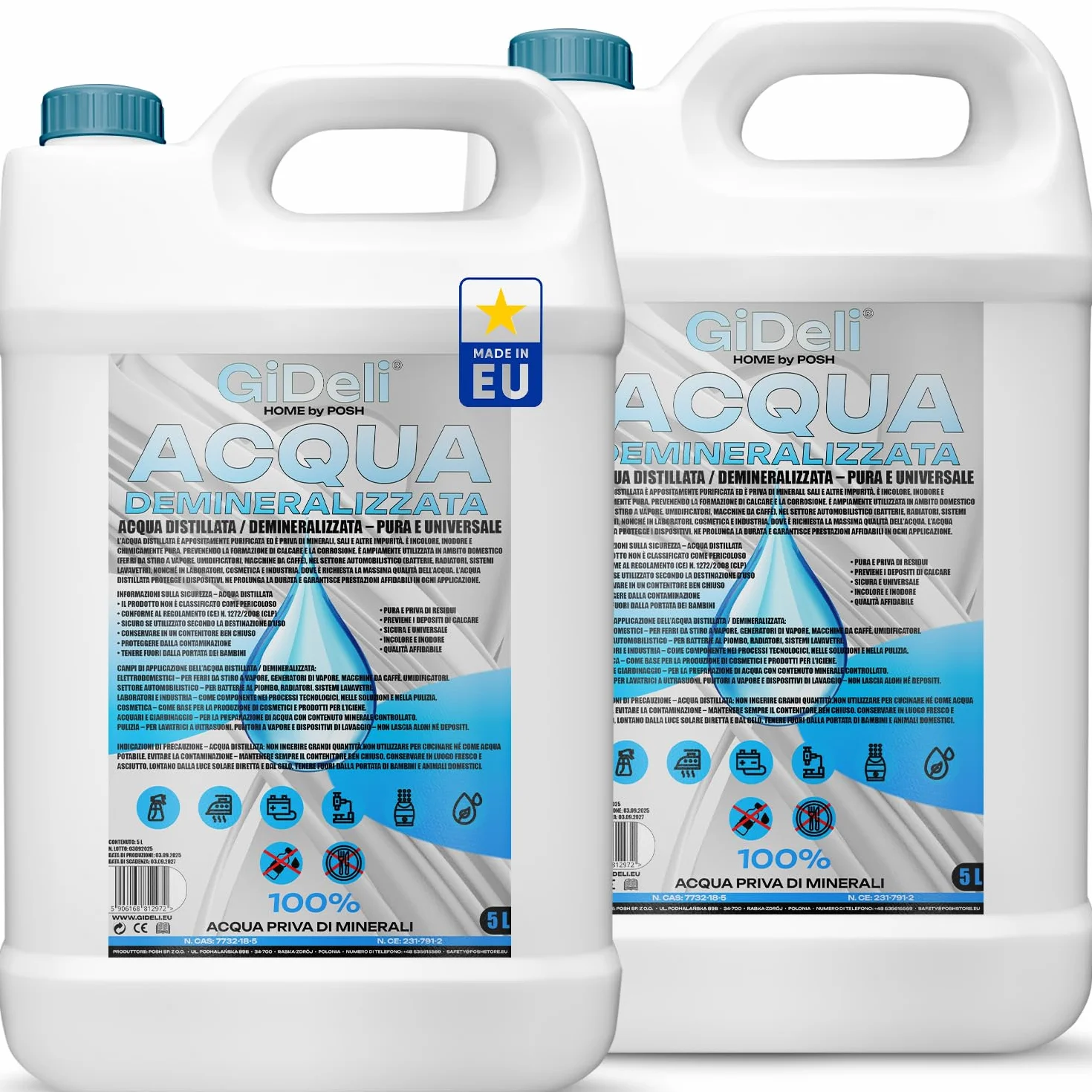 GiDeli Acqua demineralizzata 2 x 5 l acqua distillata per ferro da stiro, batterie, refrigeratore, umidificatore, acquario e laboratorio acqua senza calcare, inodore, trasparente