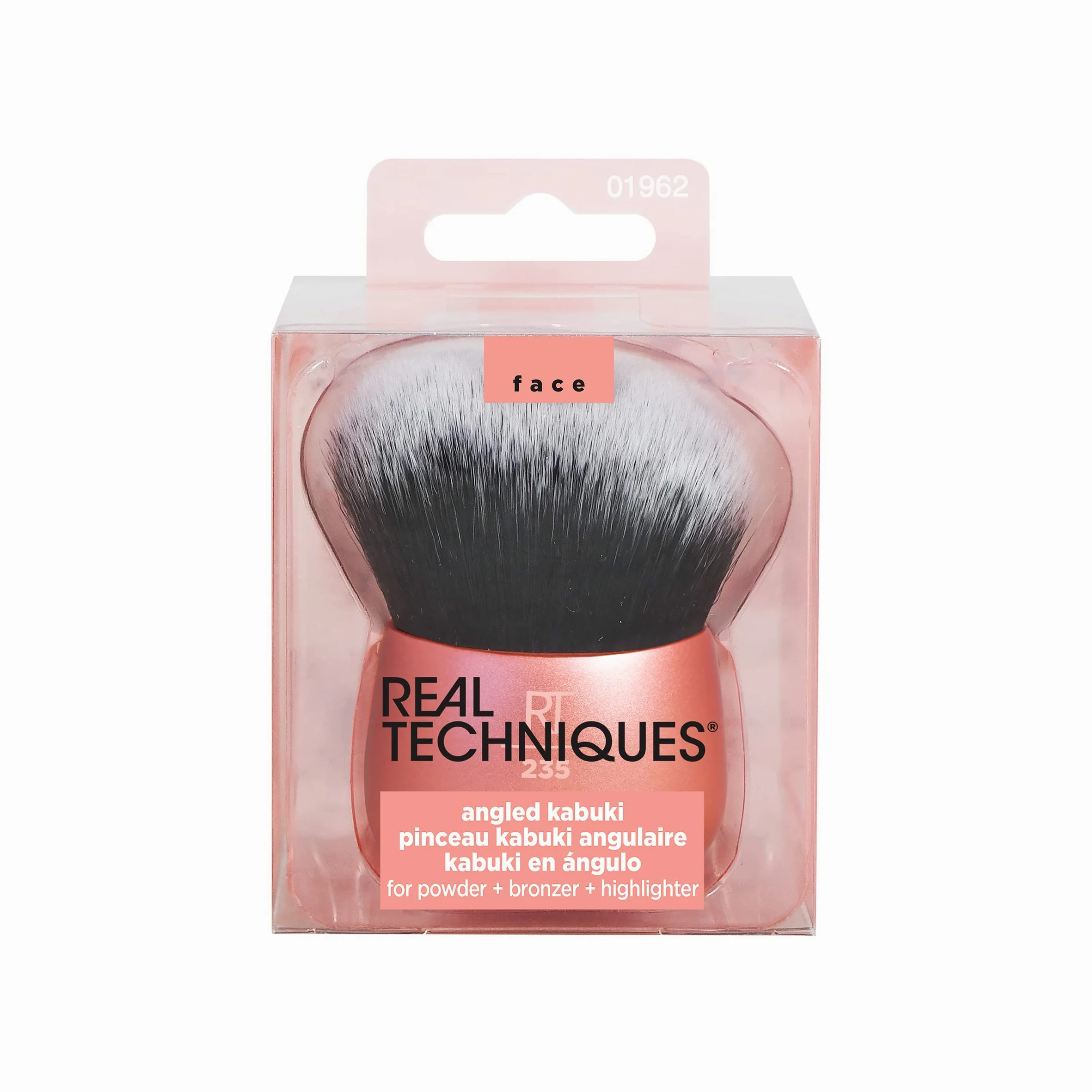 Real Techniques Pennello Kabuki angolato, per l'applicazione di bronzer o fondotinta, frullatore per trucco senza mani, setole sintetiche, manico in alluminio, vegano e cruelty-free, arancione, 1