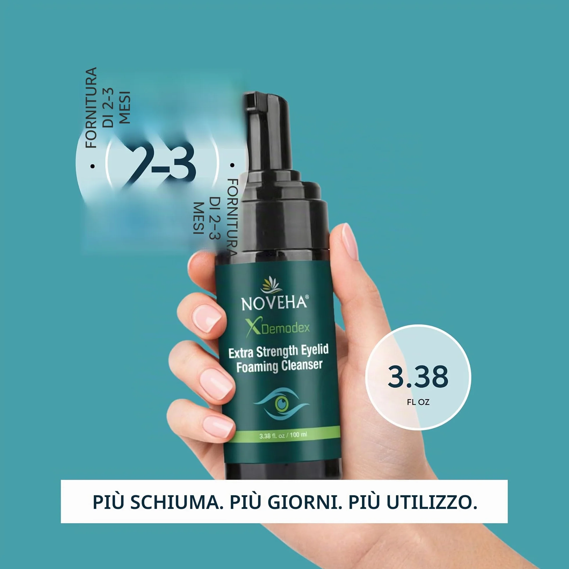 NOVEHA Schiuma Detergente Palpebrale per Demodex | Formula Extra Forte all'Olio di Tea Tree | Detergente Viso Quotidiano per Ciglia, Demodex, MGD, Orzocchi, Irritazioni Oculari e Secchezza Cutanea