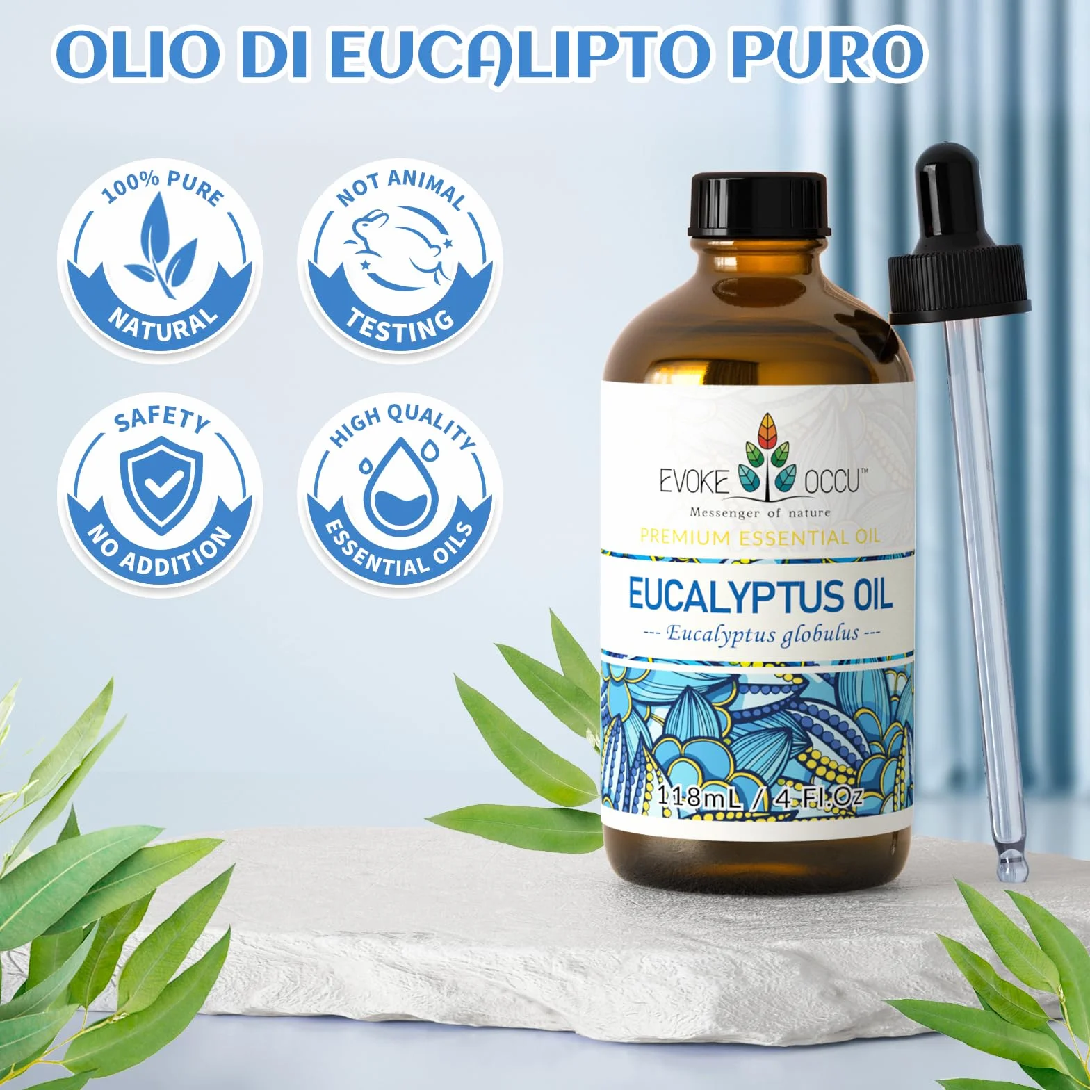 EVOKE OCCU Olio Essenziale Eucalipto 118ml Puro per Aromaterapia e Cura della Pelle