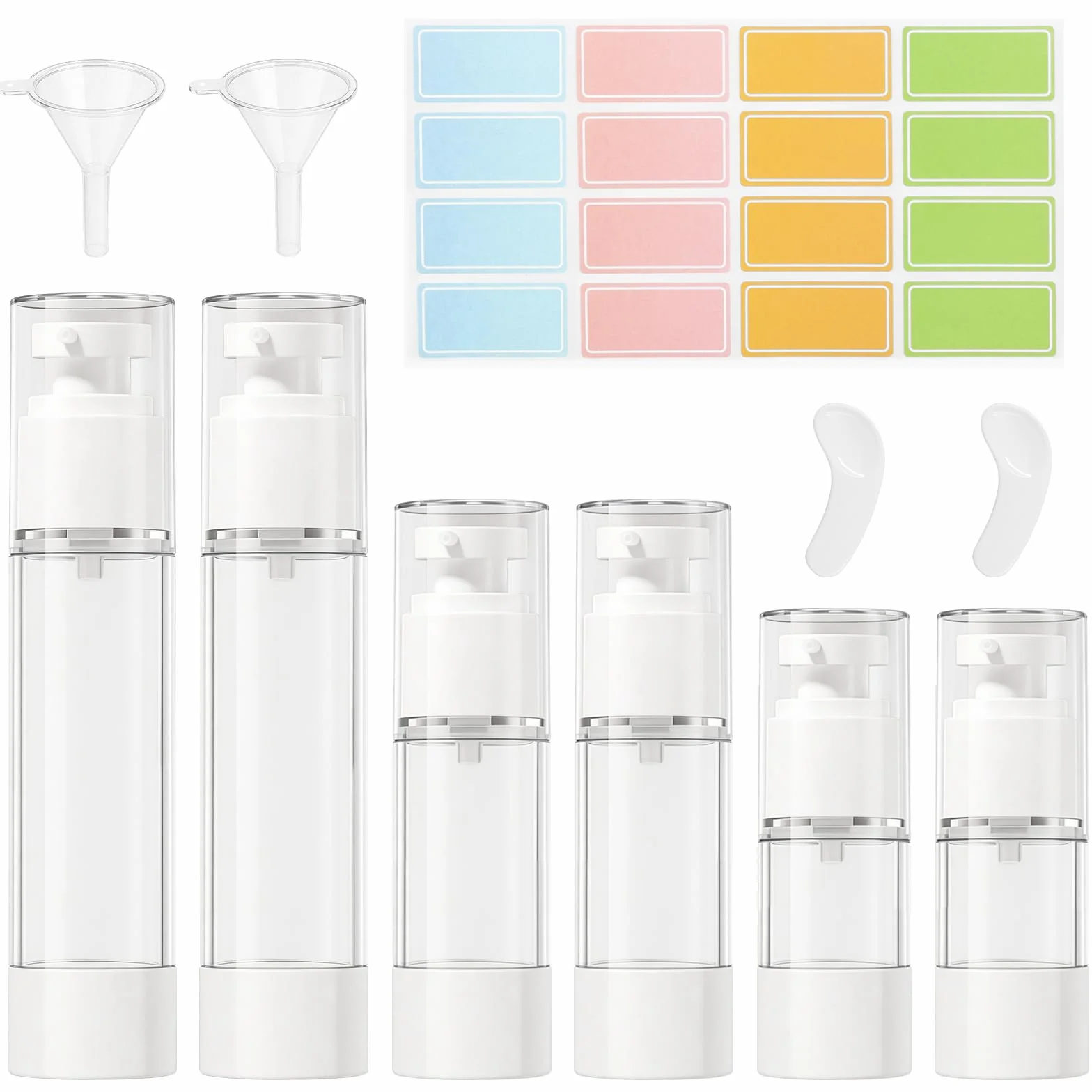 6Pcs Airless Contenitore Crema Pump,Flaconi a Pompa Airless, flaconi da viaggio sottovuoto da 15 ml/30 ml/50 ml, con adesivo, spatola e piccolo imbuto