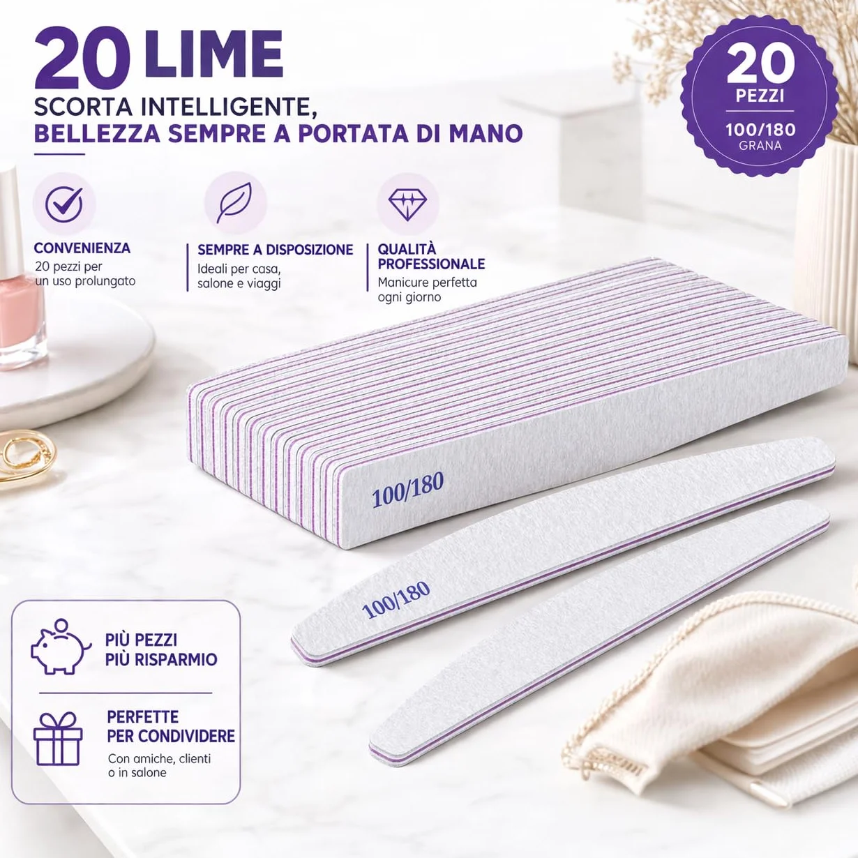 Kit 20 Lime per Unghie Professionali 100/180 Doppia Grana Manicure Ricostruzione