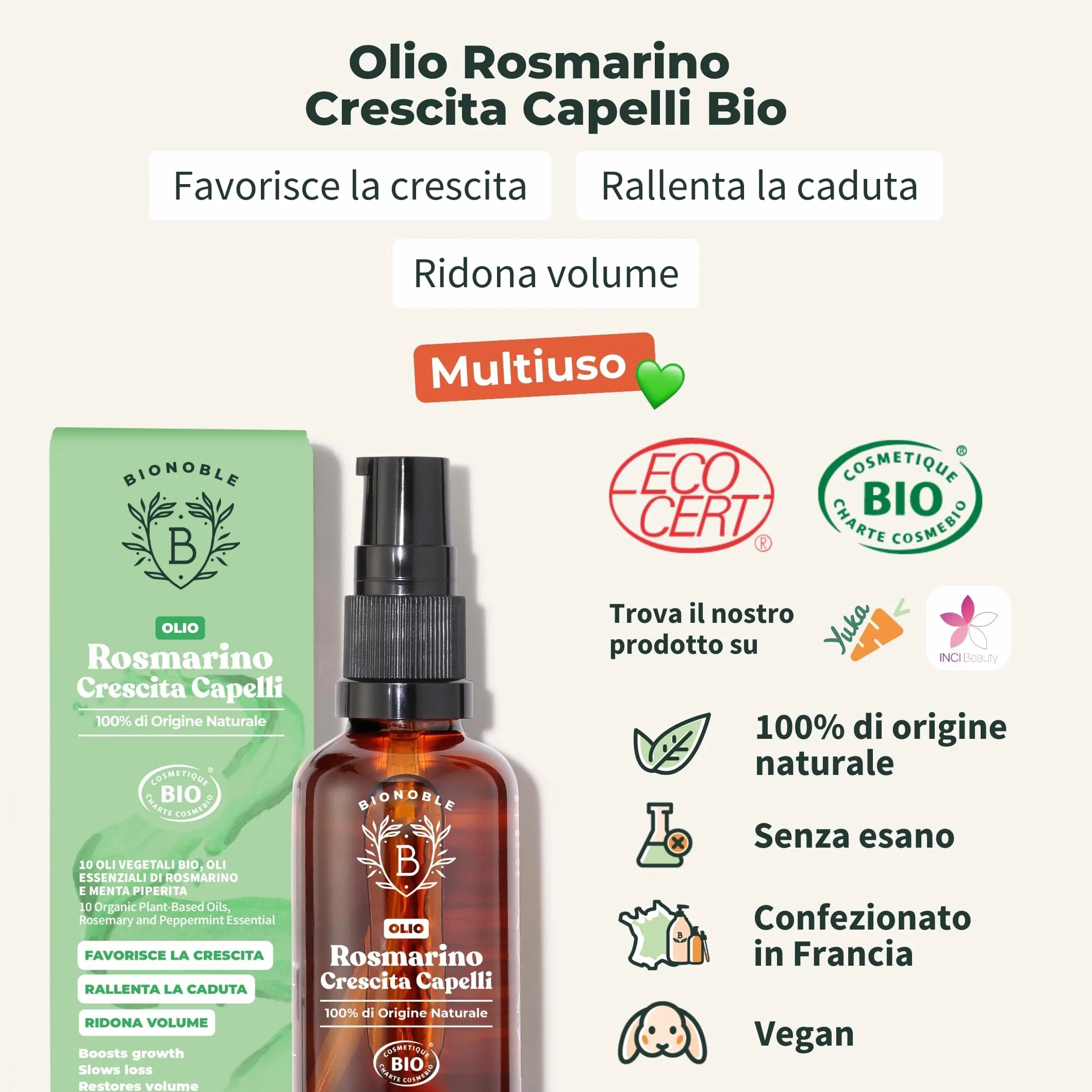 BIONOBLE Olio di Rosmarino per Capelli Bio 50ml - Stimola Crescita, Nutre il Cuoio Capelluto