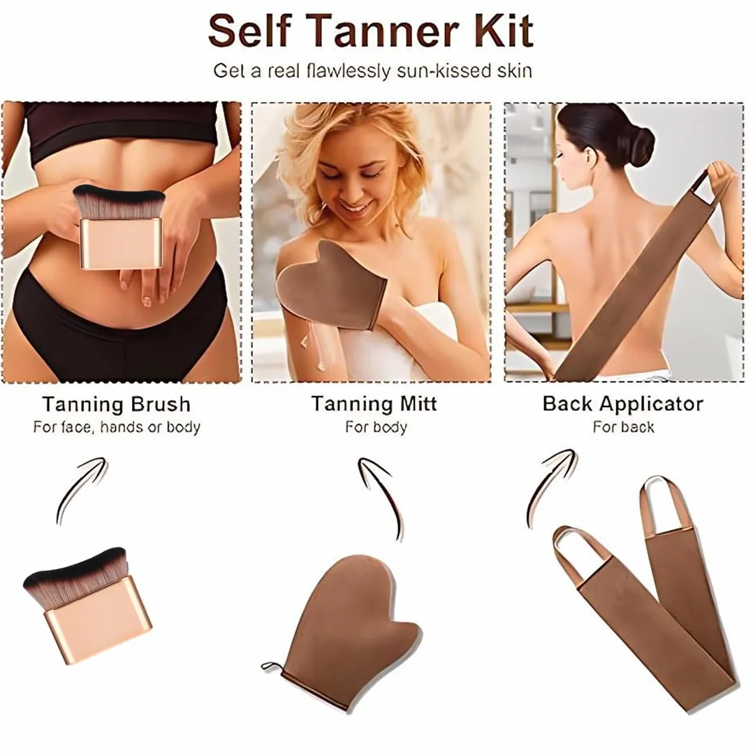 YUZNA Set Applicatore Autoabbronzante 3 in 1 - Guanto per Self Tan, Pennello per Abbronzatura e Strumento per Applicazione sulla Schiena