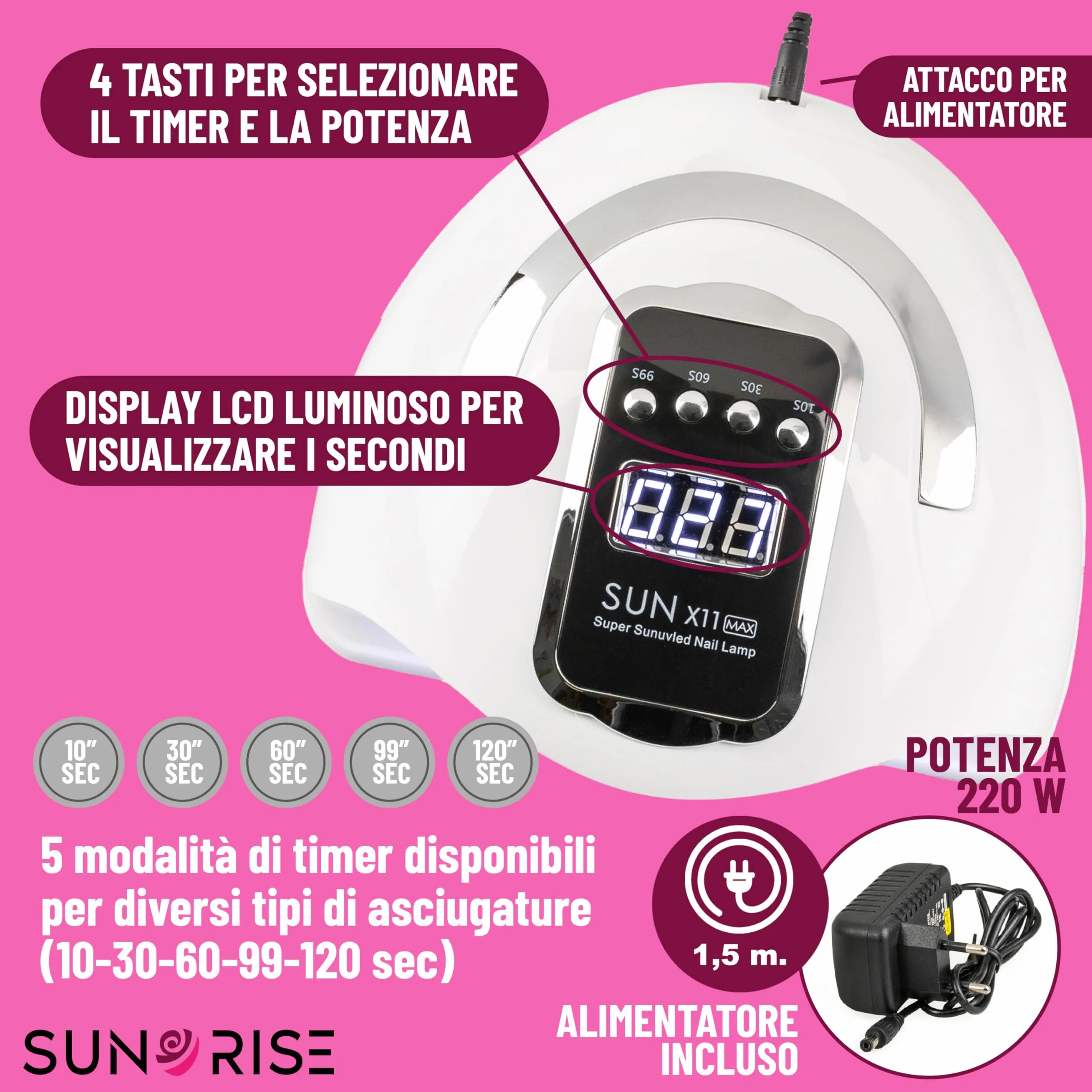 Lampada UV LED Unghie 48W/220W 5 Timer Display 45 LED Sensore Professionale Portatile per Nail Art Smalto Gel Acrygel Polygel