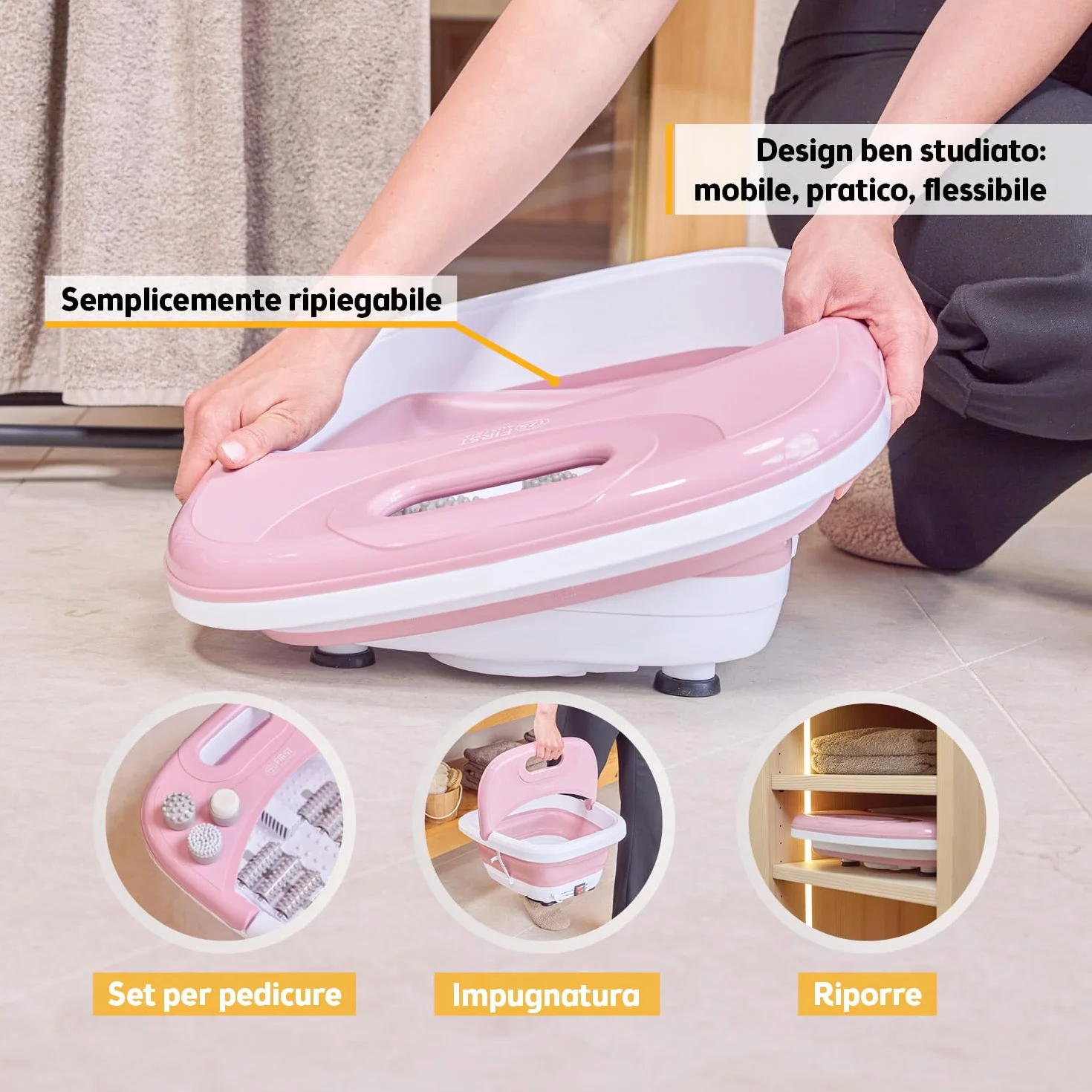 TZS First Austria - Idromassaggio Plantare 500W - Massaggiatore piedi con 3 accessori & 8 rulli - Massaggio a vibrazione & bolle d'aria, infrarossi & riscaldamento - Pieghevole fino al 47 - Rosa