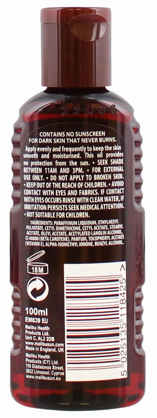 Malibu Sun Olio solare abbronzante veloce, resistente all'acqua con beta-carotene e fragranza tropicale di cocco, 100 ml, marrone