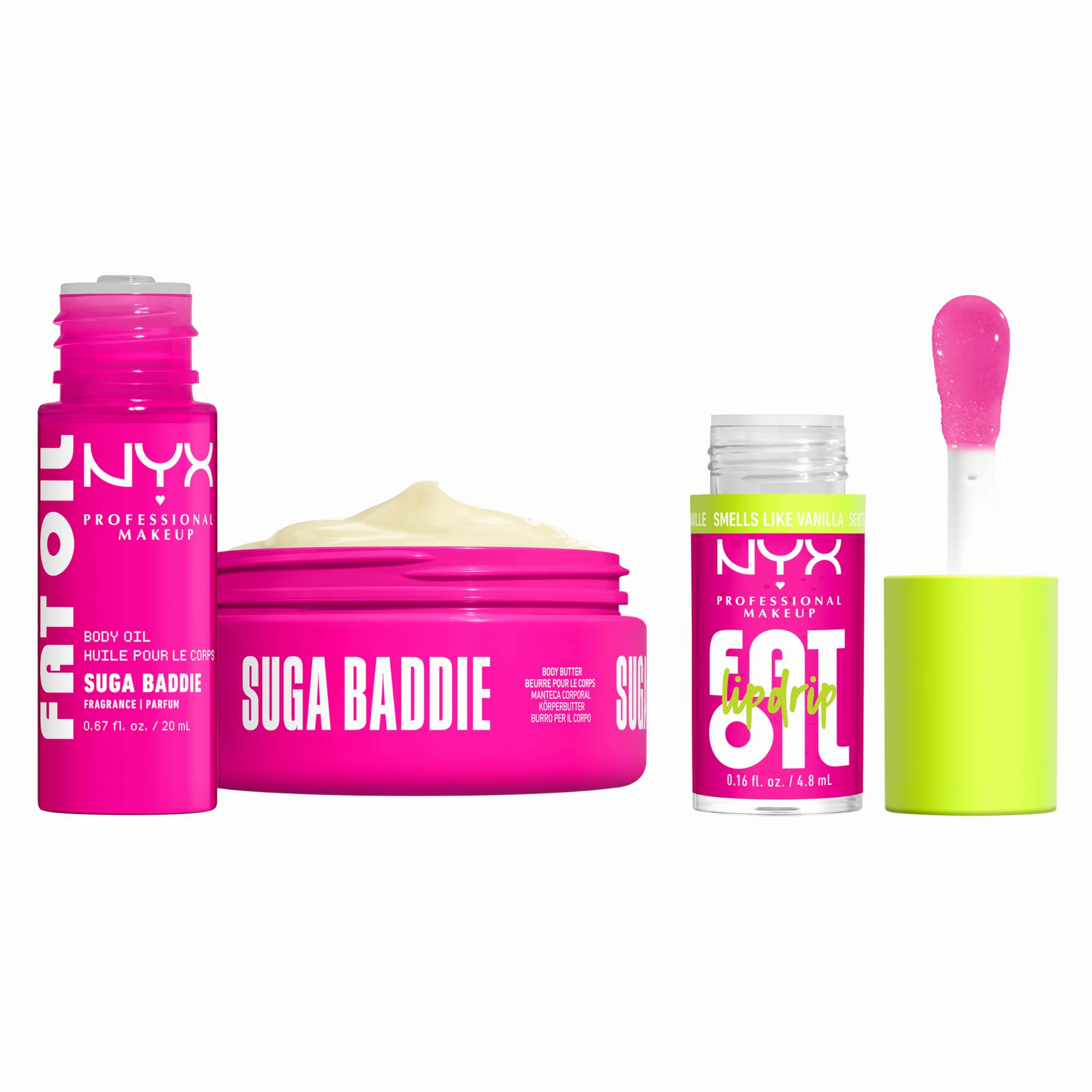 NYX Professional Makeup Fat Oil Lip & Body Kit, Travel-Friendly, Reusable-Pouch, Suga Baddie