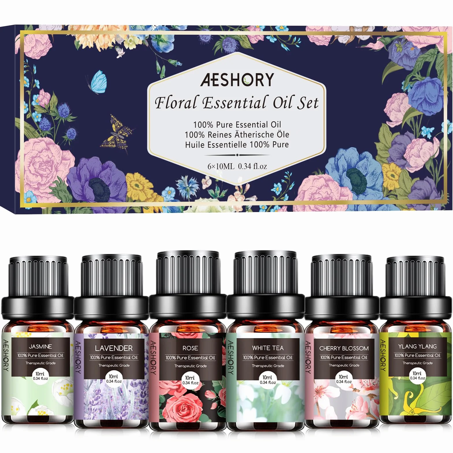 AESHORY Floreali Oli Essenziali per Diffusori 6 x 10ML, Set di Olio Essenziale di Aromaterapia Naturale al 100% per Massaggio, SPA - Lavanda, Rosa, Tè Bianco, Fiori di Ciliegio, Gelsomino, Ylang Ylang