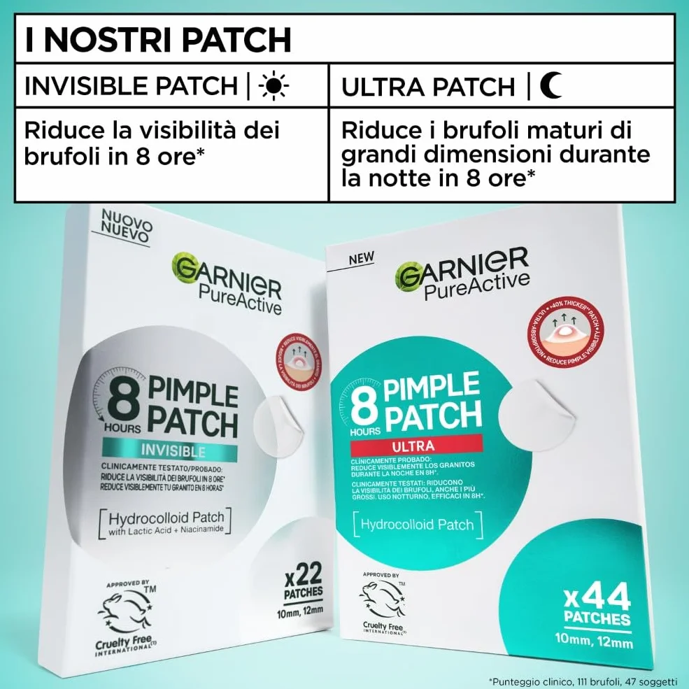 Garnier Pimple Patch Cerotti Idrocolloidali Invisibili Viso, Imperfezioni Ridotte in 8 Ore, Brufoli Visibilmente più Piatti, Adatti a Tutte le Tonalità di Pelle, Vegano, Pure Active, 44 Patch