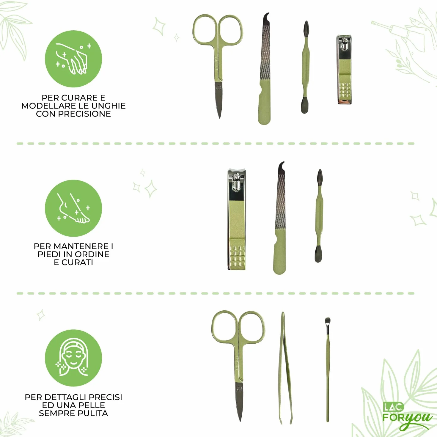 LAC FOR YOU Set Manicure 7 Pezzi Kit per Unghie e Pedicure Professionale Verde
