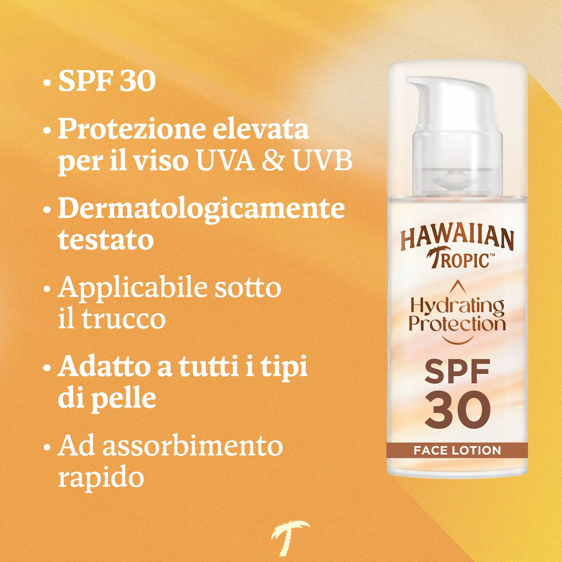 Hawaiian Tropic Lozione Solare Viso SPF 30 Protezione UVA+UVB 50ml 12 ore Idratazione Resistente all'Acqua Vegano