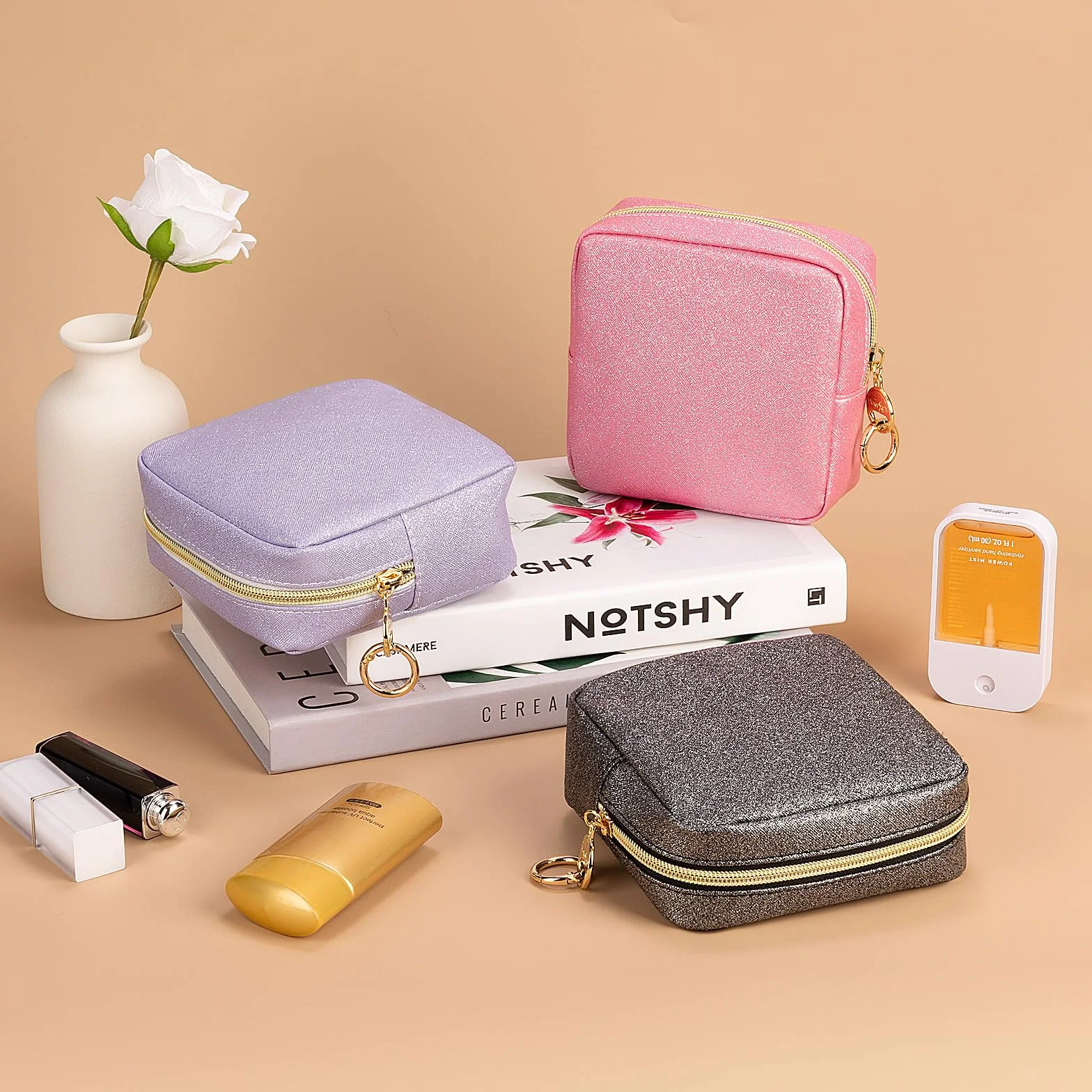 Beauty Case da Viaggio Trousse Trucchi Donna Pochette in Pelle Brillantini Borsa per Cosmetici Organizer Borse Makeup Trucco Organizer Portatile Accessori Viaggio per Ragazza Donna Compleanno(Rosa)