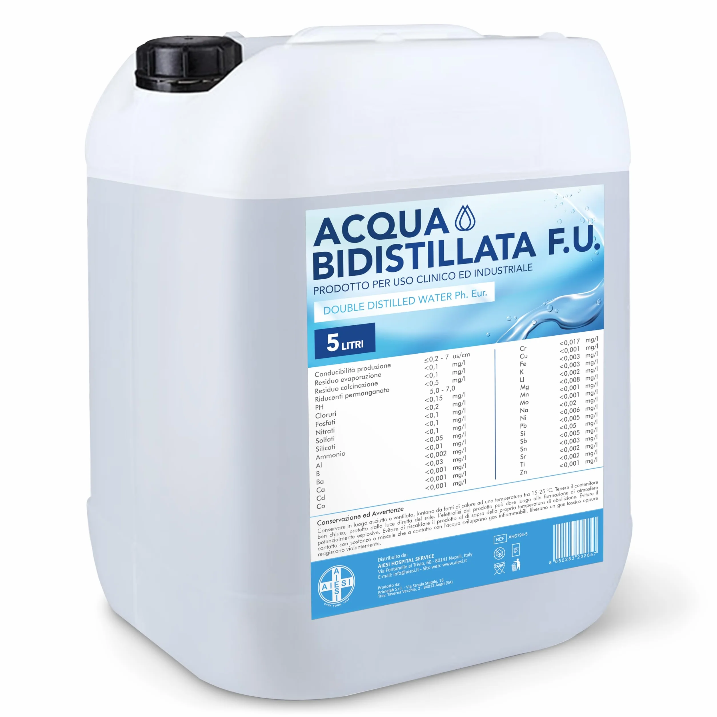 AIESI® Acqua Bidistillata F.U. pura (5 litri) per uso clinico ed industriale, Distillata due volte, Demineralizzata, Made in Italy