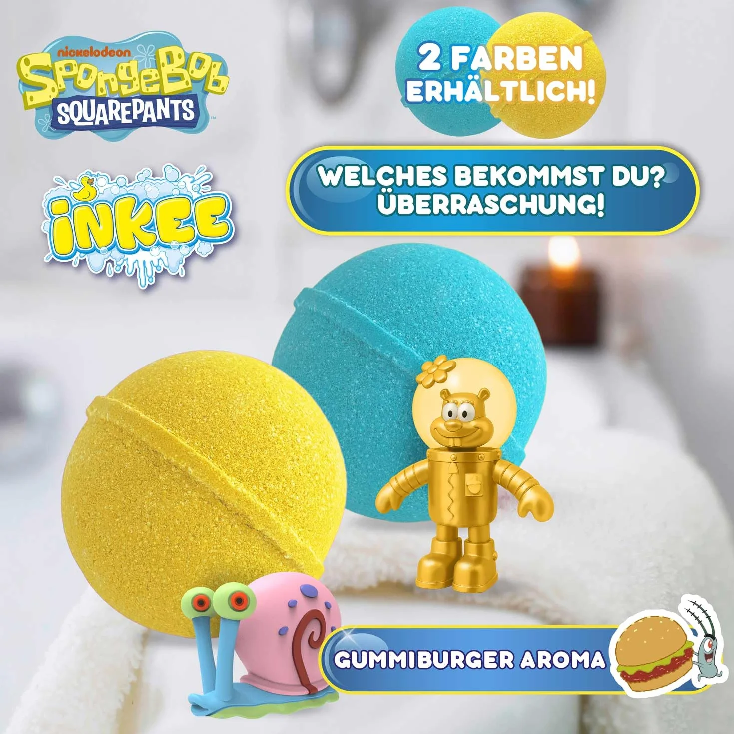 INKEE SpongeBob Bomba da Bagno con Sorpresa - Palla Bagno Bambini con Figura e Tatuaggio, Profumo Anguria, 100g, 7 Figure Collezionabili Edizione Oro