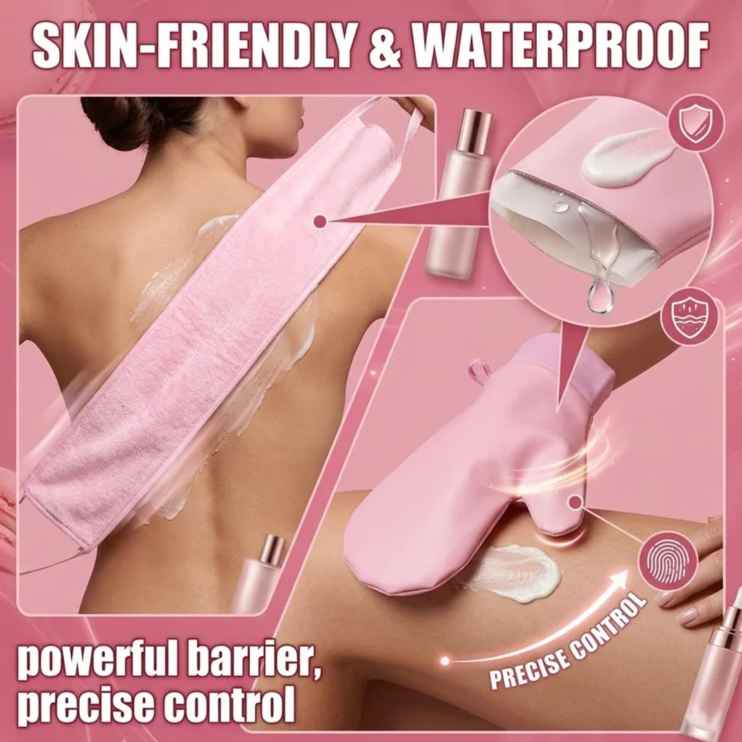 Guanti Autoabbronzante 3 Pezzi Applicatore Crema Faccia Corpo Riutilizzabili Abbronzatura Uniforme Naturale Rosa