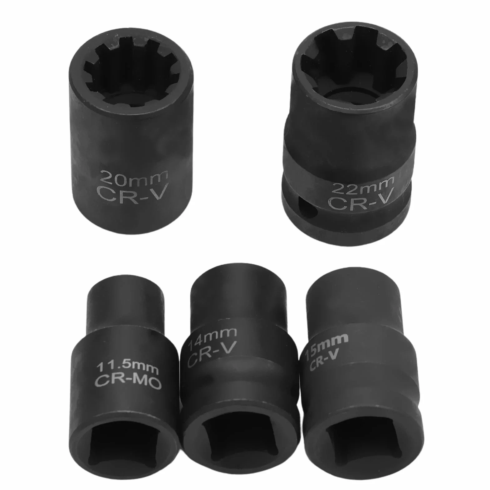Set di 5 bussole per pinze Freno con 12 Punte (11,5, 14, 15, 20, 22 mm), Utensili di Ricambio per pastiglie Freno e Viti, Metallo Nero, Compatibile V.W, Au.di, Po.RSC.He