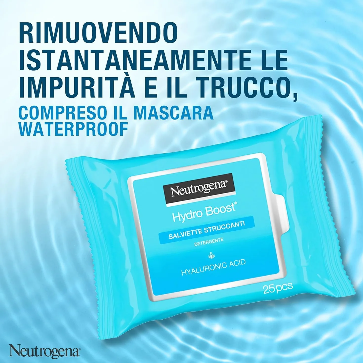 Neutrogena Hydro Boost Salviette Struccanti, Salviettine struccanti e idratanti arricchite con Acido Ialuronico, Struccante viso e occhi detergente per trucco waterproof, 1 confezione da 25 pezzi
