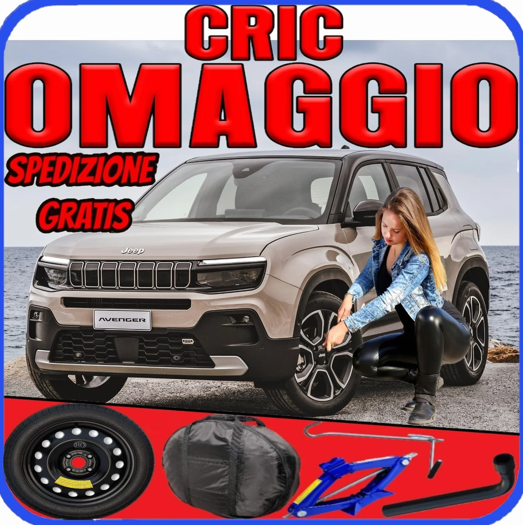Ruotino di Scorta per Jeep Avenger FH1 4 Fori 125/80 R16 2023 2024 con Kit Cric Chiave Sacca