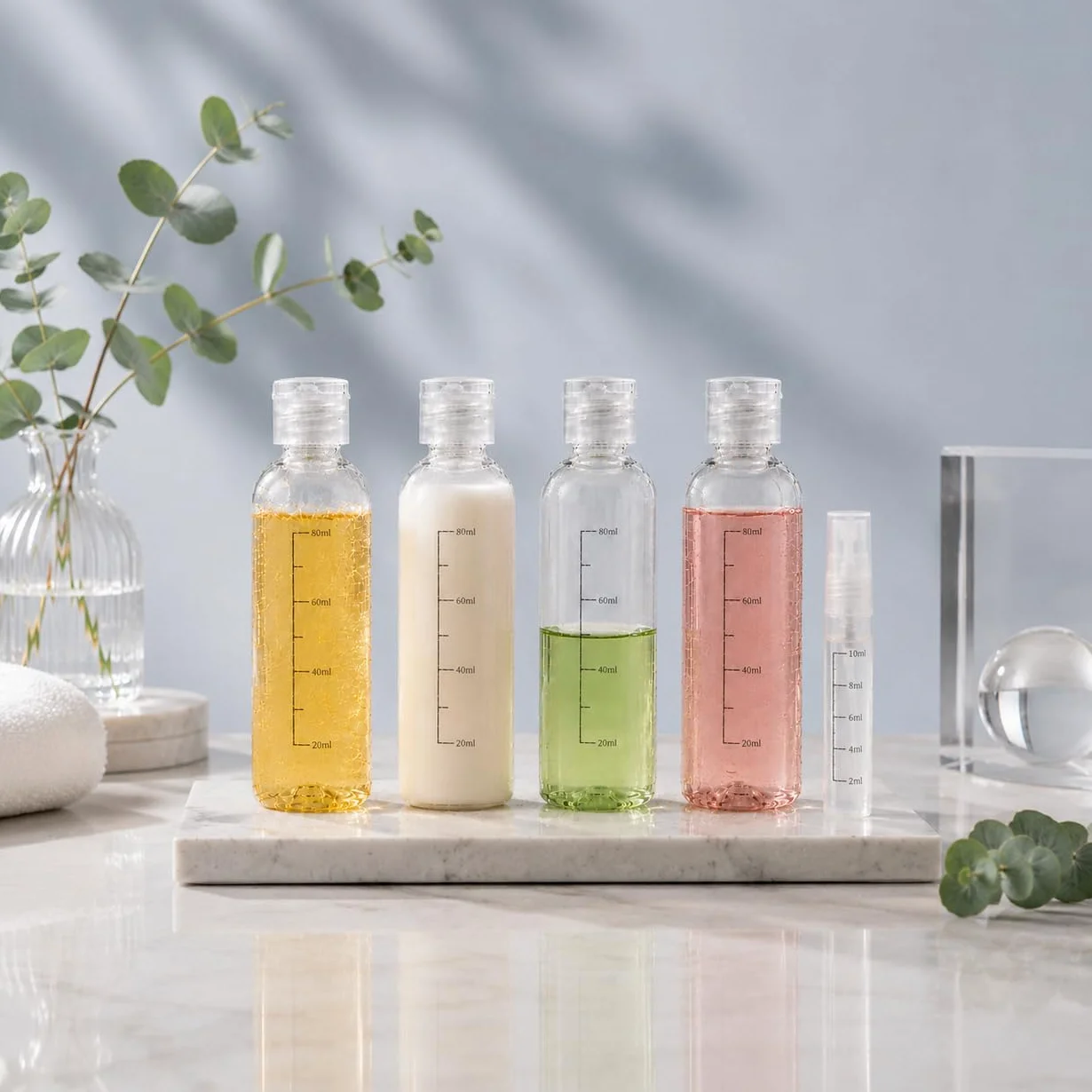 Bottiglie da viaggio 100ml,5 PCS flaconi da viaggio vuoti trasparenti per aereo,Kit Contenitori Viaggio Liquidi in plastica, flacone trasparente per shampo ，lozione， tonico viso, gel,Olio solare