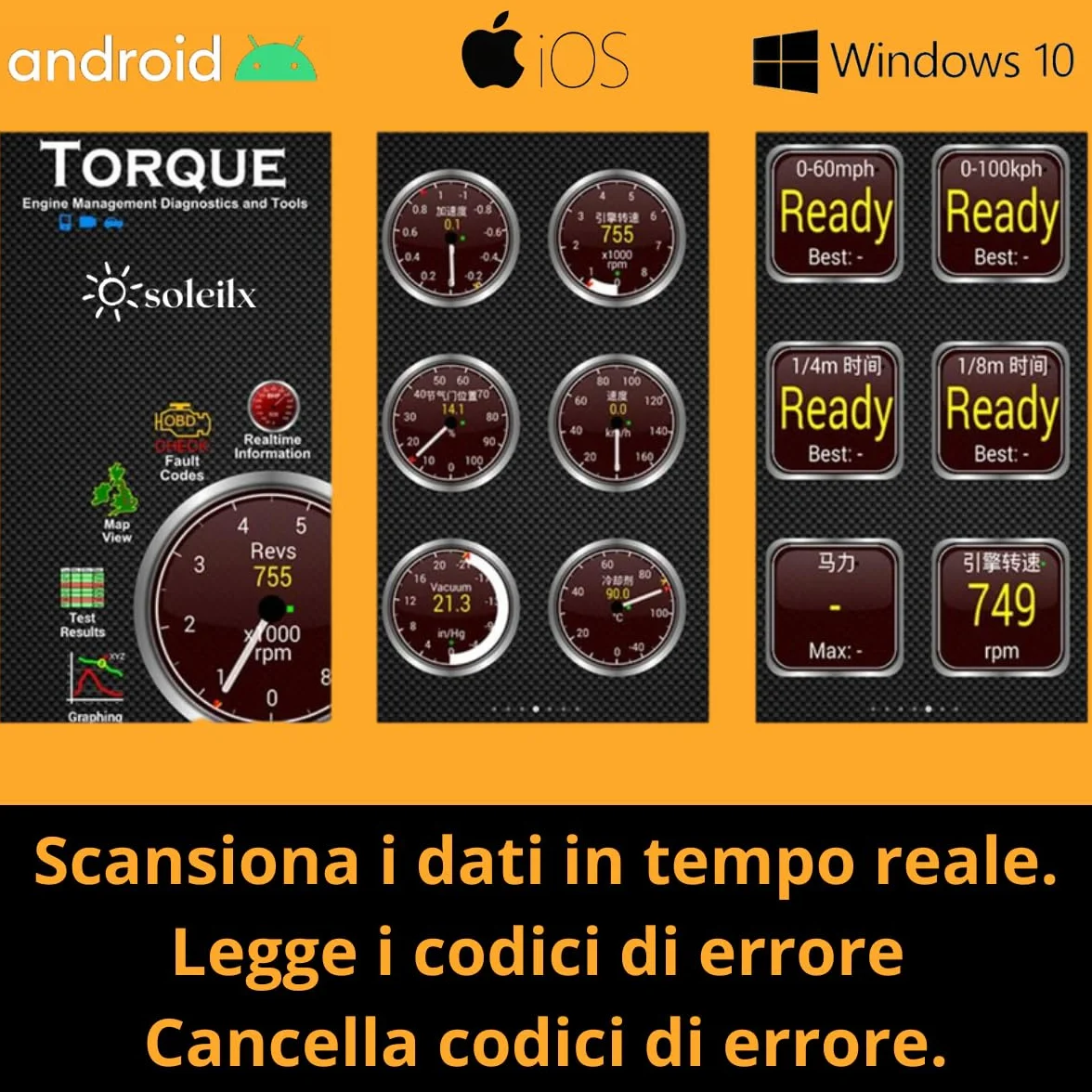 OBD2 Bluetooth Scanner Diagnostico Auto Multimarca Lettore per Diagnosi Veicoli Compatibile iOS Android Windows