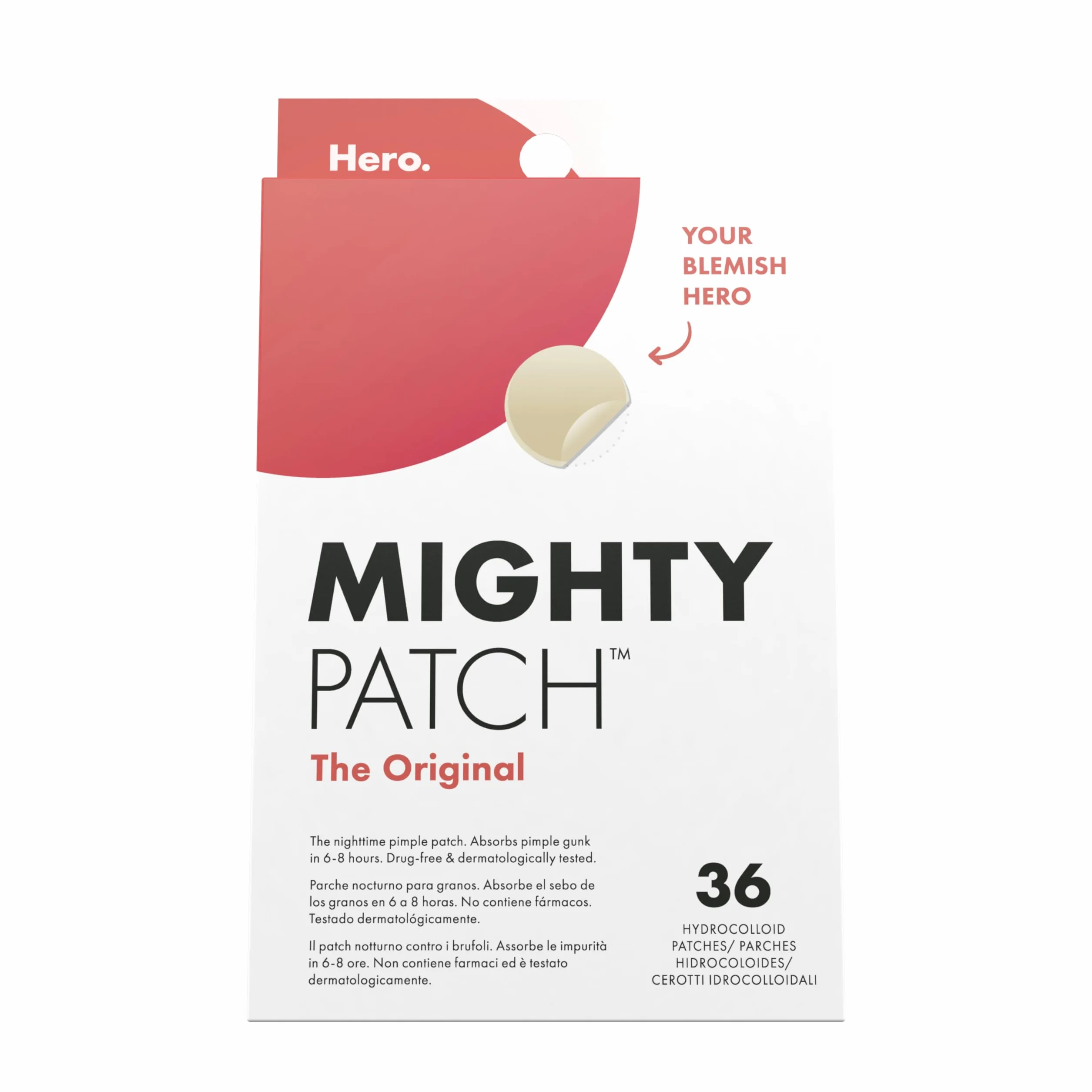 Hero Mighty Patch The Original. Il Patch notturno contro i Brufoli. Assorbe le Impurità in 6-8 ore. È testato dermatologicamente. 36 cerotti idrocolloidali. Dispositivo medico