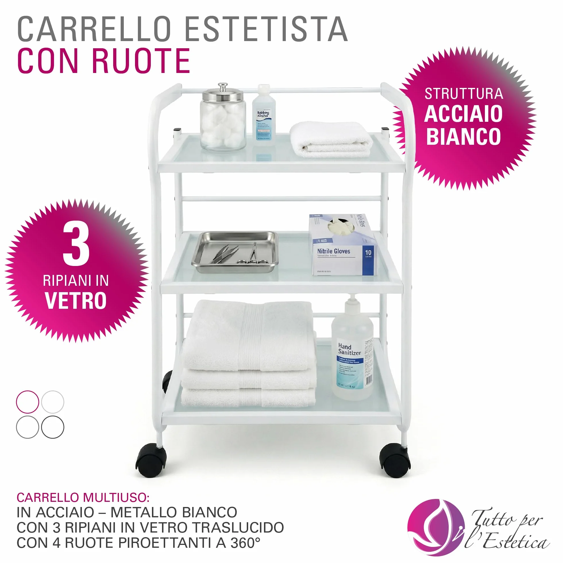 Carrello Estetista con Ruote - Mobiletto con Ruote, Leggero, Multiuso in Acciaio e 3 Ripiani in Vetro Traslucido - Carrello Portaoggetti per Estetica, Ceretta, Tattoo e Medico | Design Salvaspazio