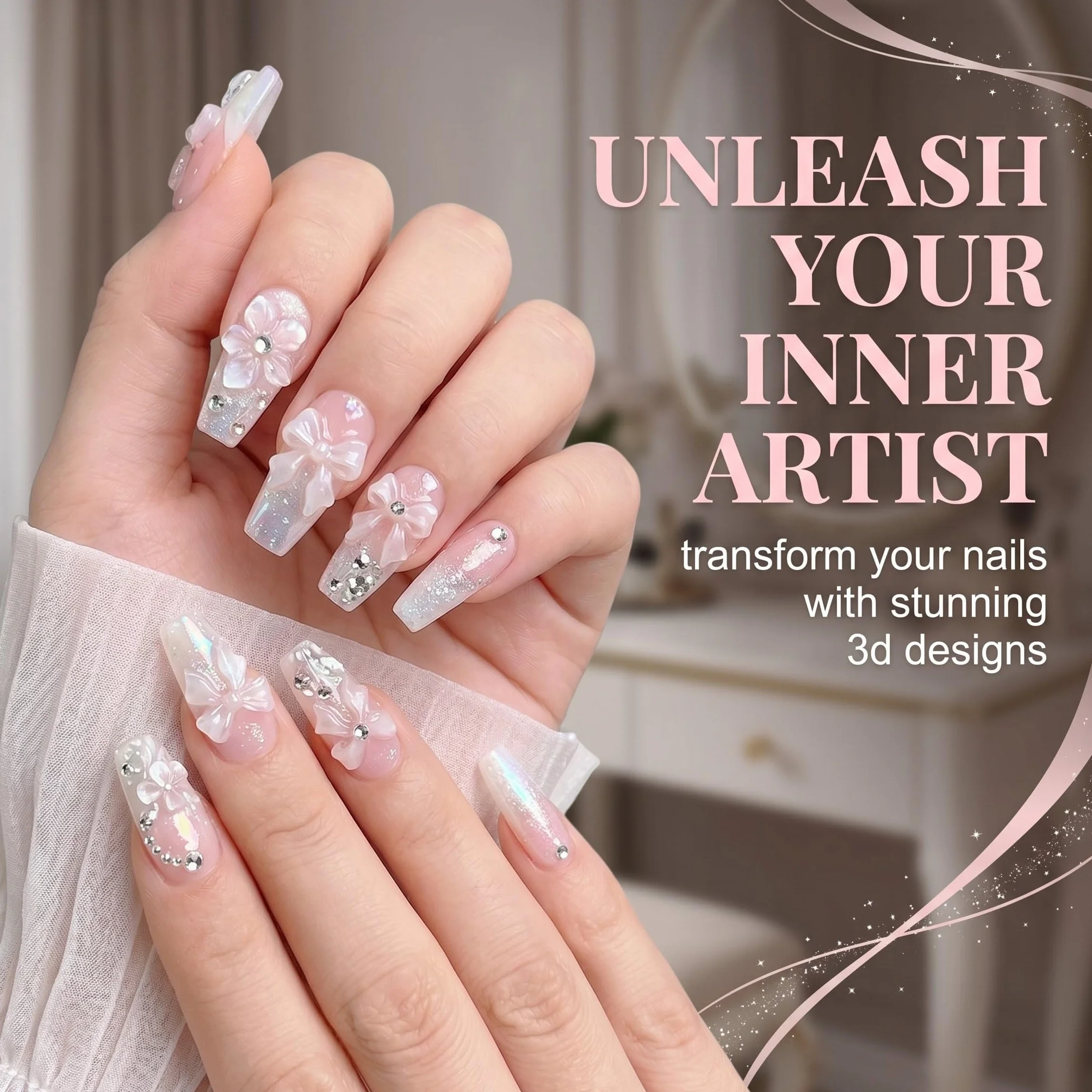 2 Pezzi Stampi per Unghie in Silicone 3D con Penna, Formine per Decorazioni Nail Art a Forma di Fiori e Fiocchi, Stampo Trasparente per Manicure Fai da Te, Accessori Professionali per Unghie