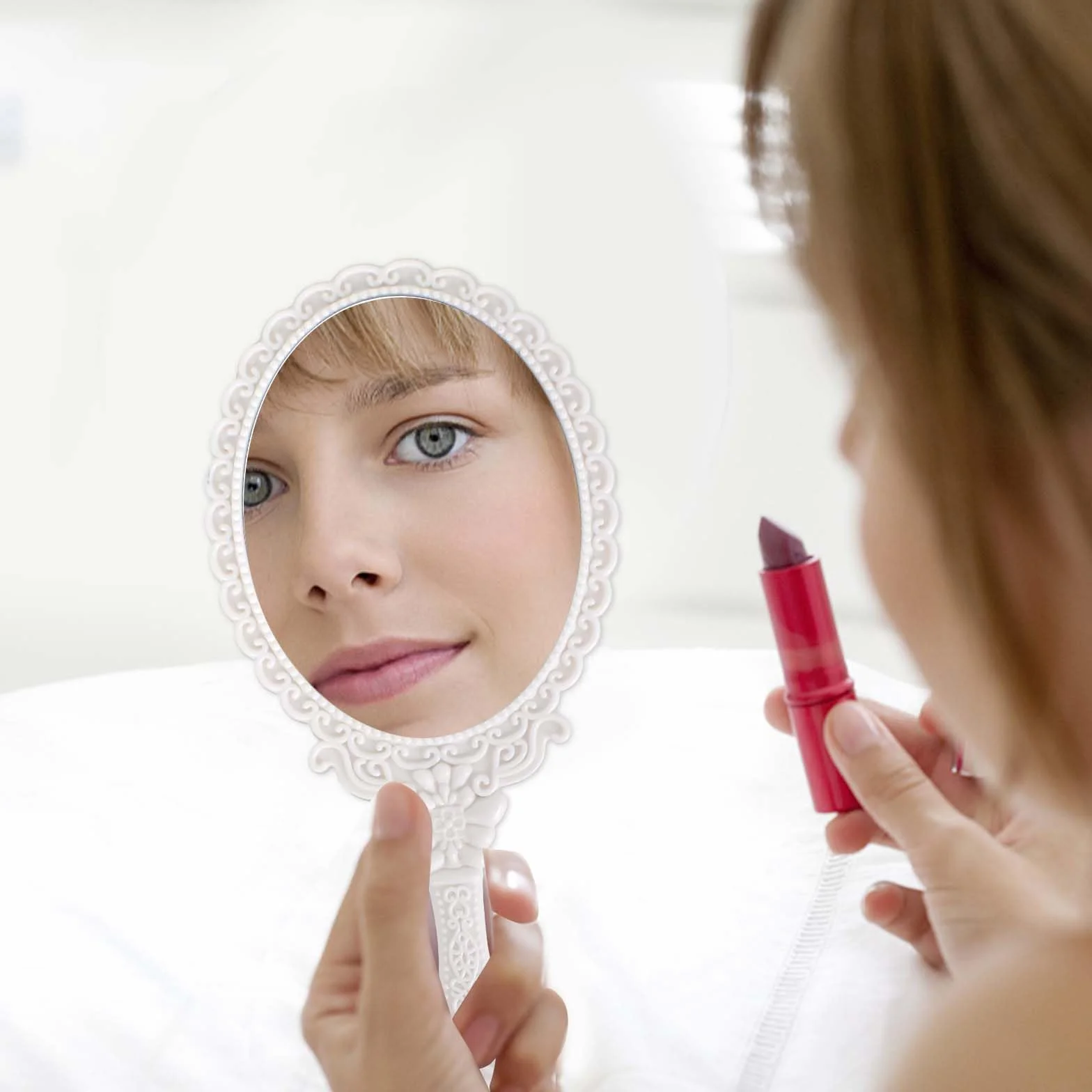 Specchio con Manico,Specchio Portatile Professionale,Specchio Barbiere con Comoda Maniglia,Specchio Cosmetico Forma Rotonda,Sostenibile e Durevole,Perfetto per Radersi o Applicare il Trucco (Bianco)