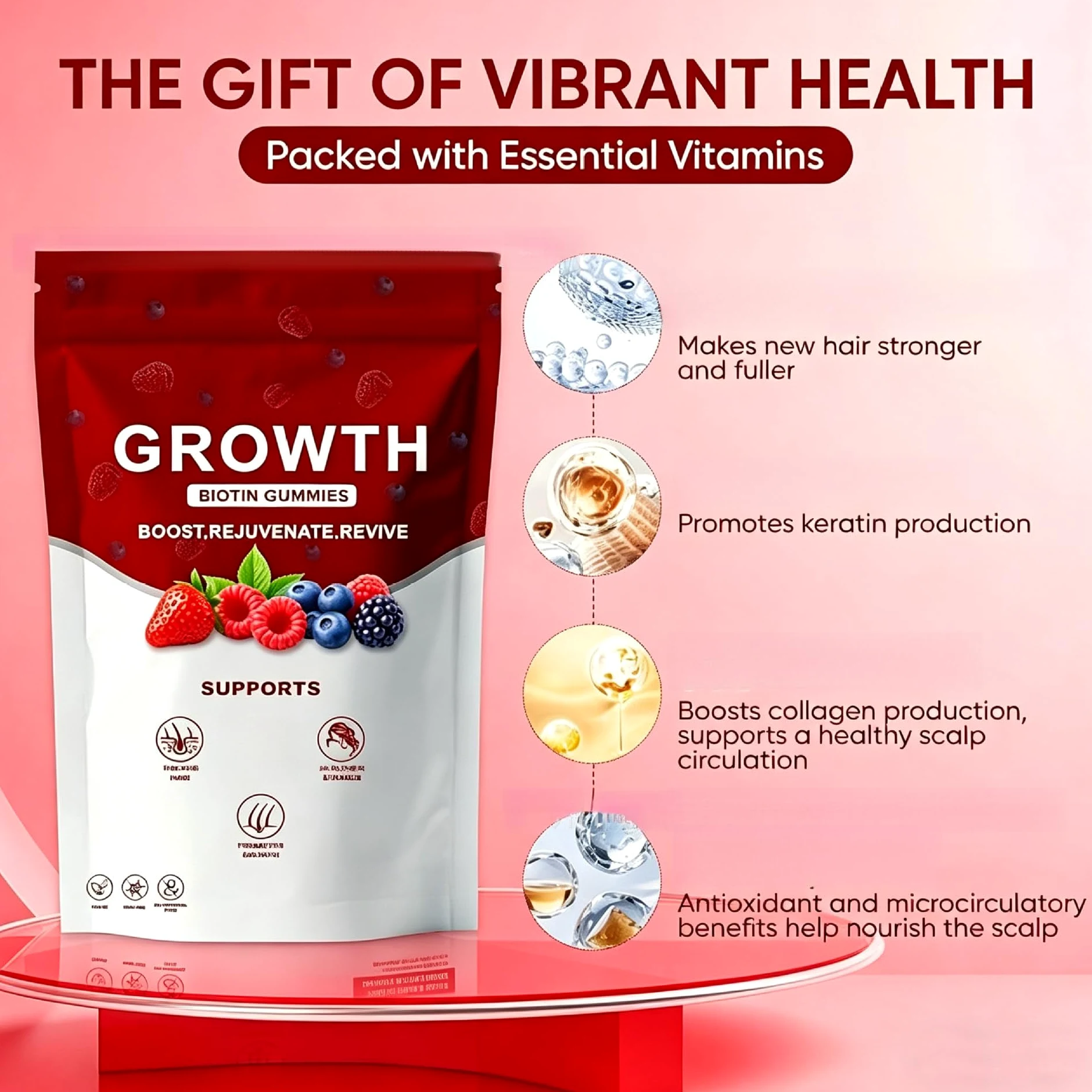 Gummies per Crescita Capelli con Biotina, Collagene & Estratti Vegetali | Supportano la Forza dei Capelli, la Salute della Pelle & delle Unghie, Senza OGM