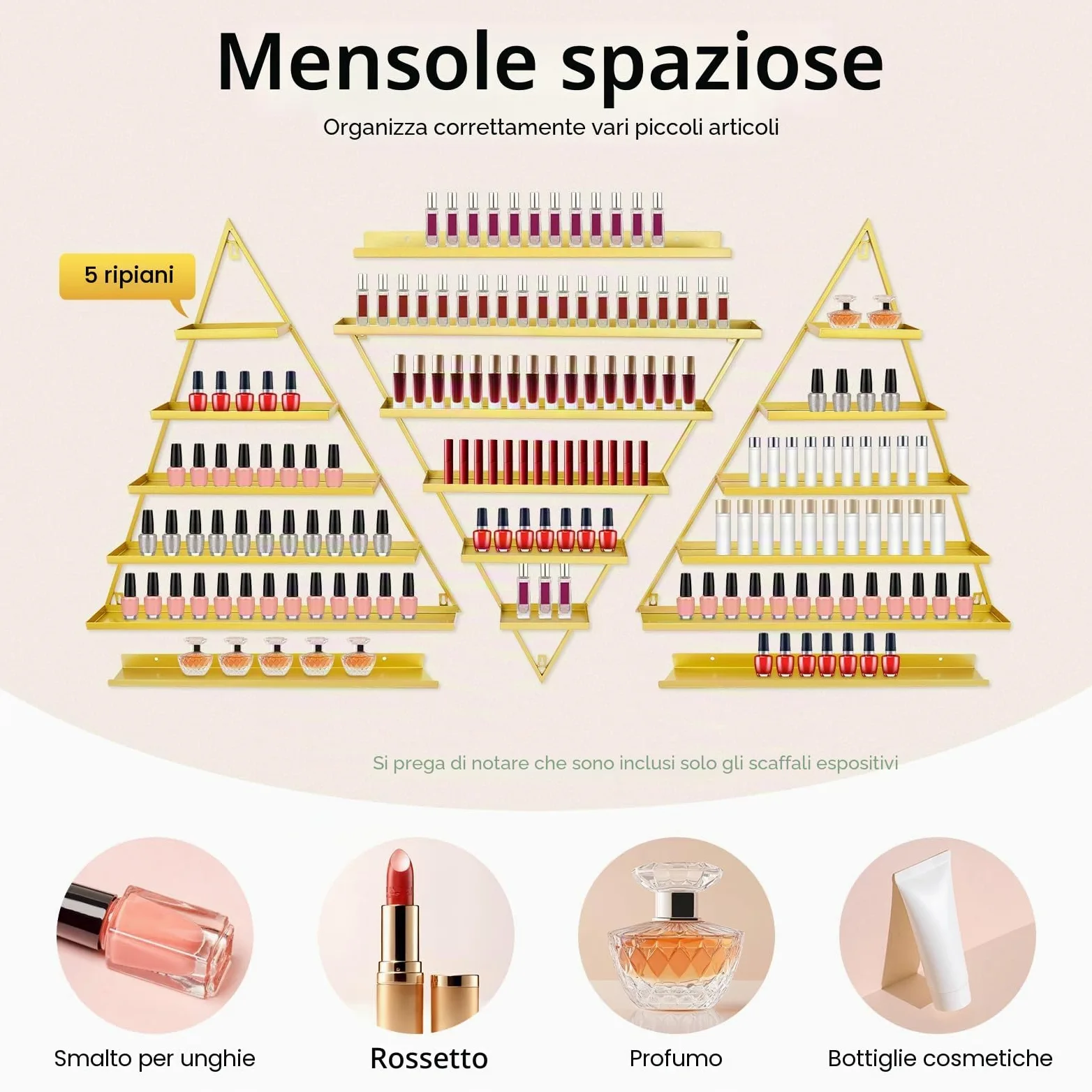 Set di 3 scaffalature triangoli metallo, organizer parete 5 livelli, contenitore unghie, profumo, rossetto, oli essenziali