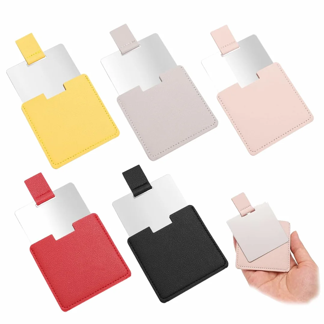 5 Pezzi Specchio Portatile In Acciaio Inossidabile Lucido, Con Custodia Protettiva In Pelle Pu, Ultra Sottile E Resistente 9,5 X 6,3 Cm, Unisex