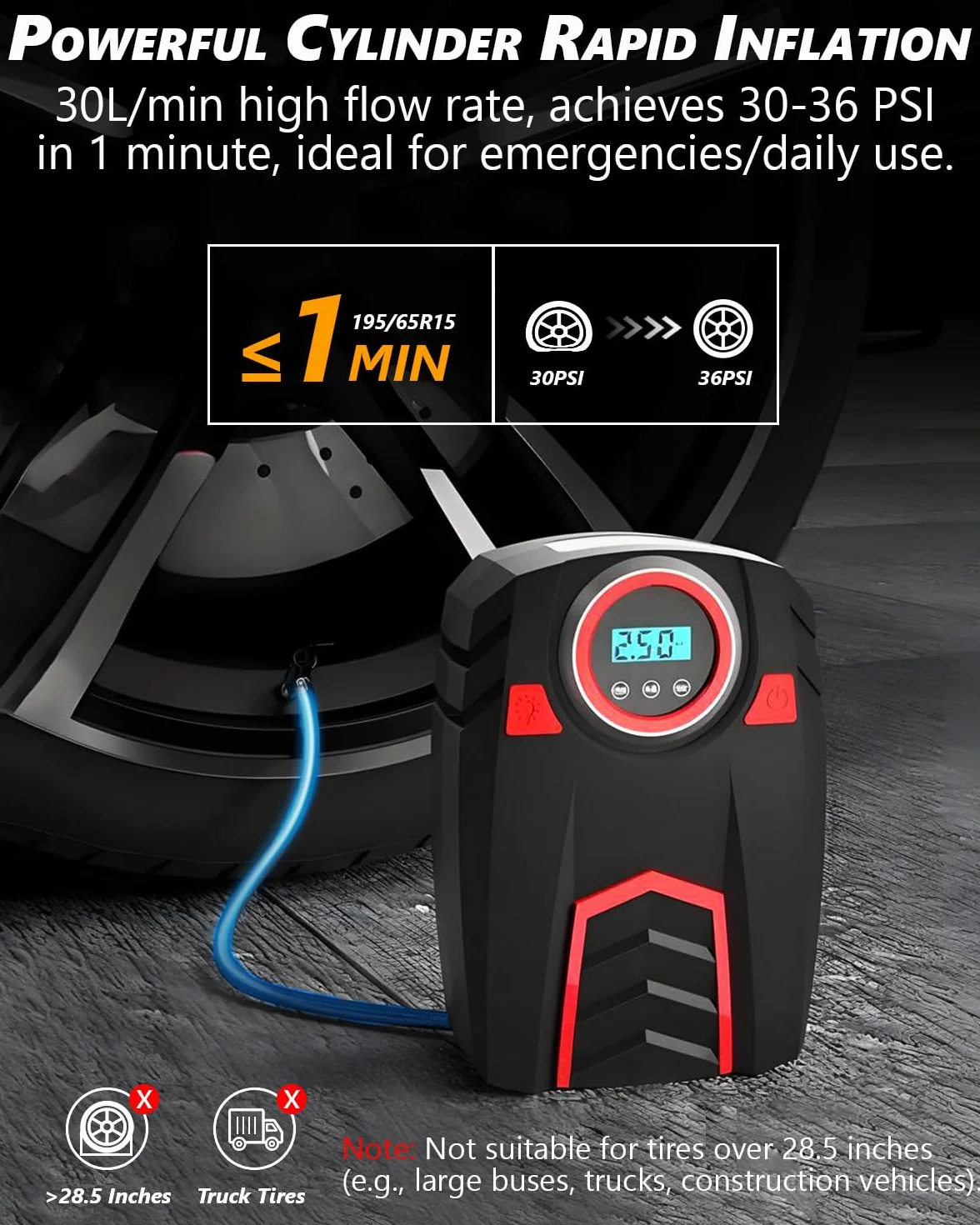 Compressore Aria Portatile 12V 160 PSI 30L/min Gonfiatore Pneumatici con Display Digitale LED 4 Adattatori