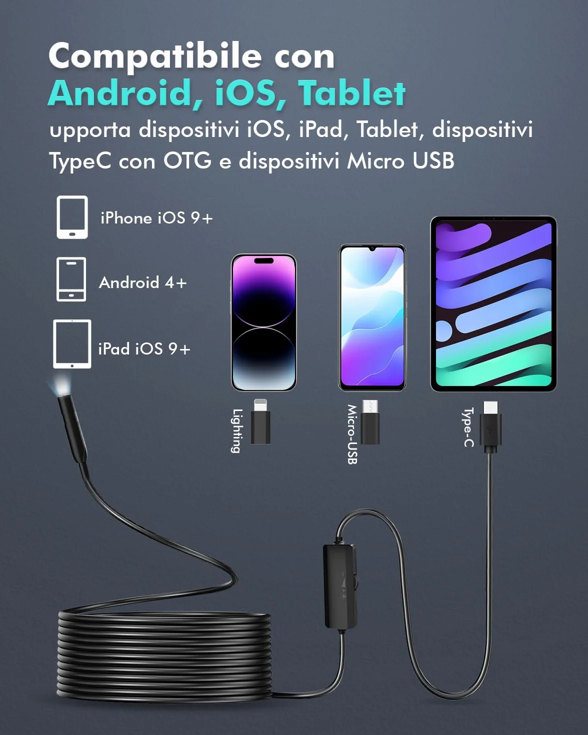 Endoscopio HD 1920P per Smartphone con Sonda Semirigida Impermeabile 8 LED 5M Android iOS iPad
