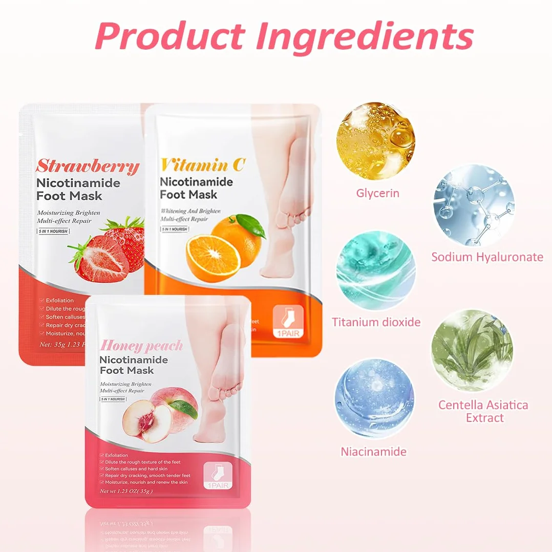 IKOPFLN 9 Paia di Maschera Piedi Esfoliante,Maschera Piedi Idratante,Per Secchi e Screpolati Cura dei Piedi(Pesca +Arancia + Fragola)