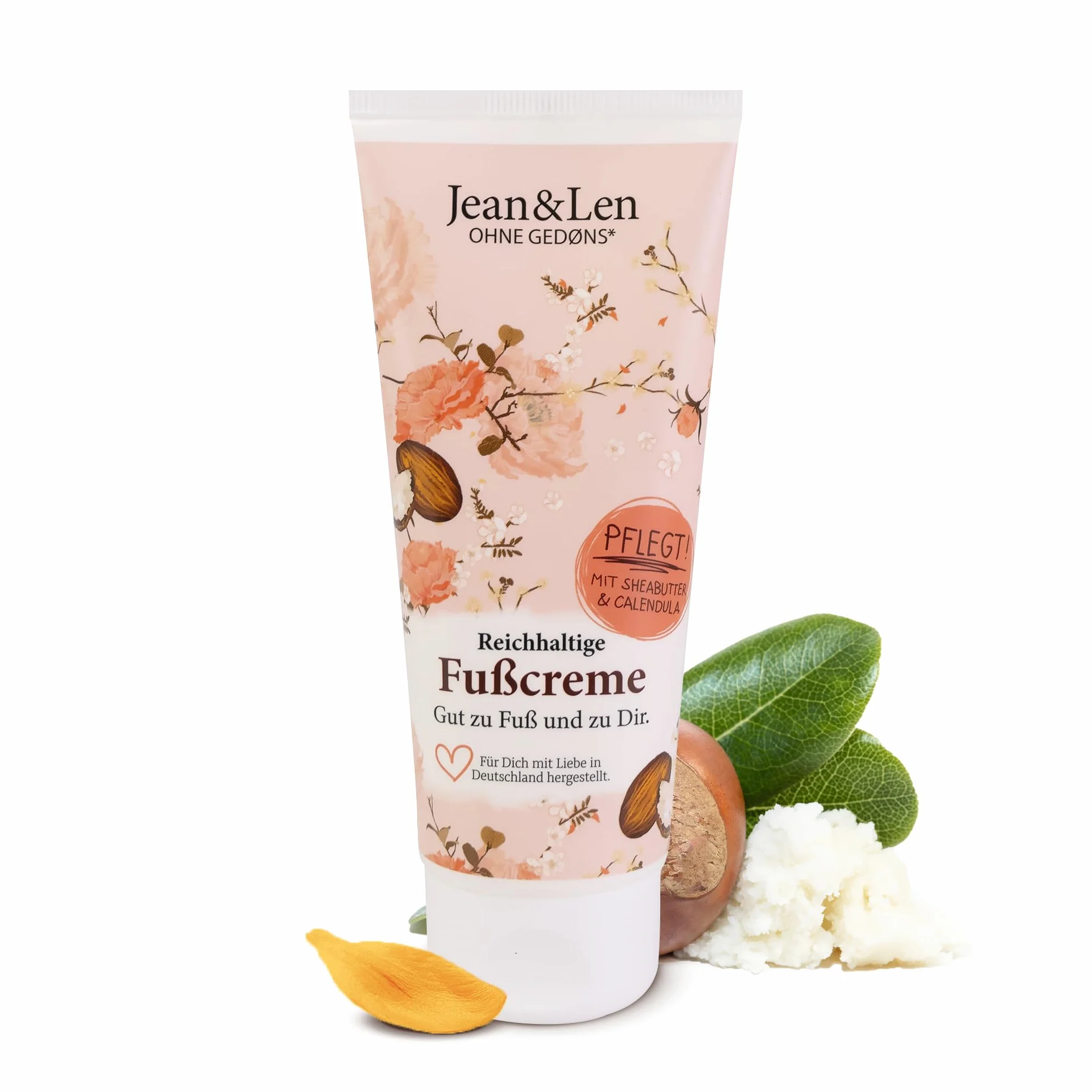 Jean & Len crema piedi burro di karité e calendula, per pelle secca e stressata, cura a fondo e rende i piedi morbidi, profumo rosmarino e zenzero, Foot Cream, senza parabeni e siliconi, 100 ml