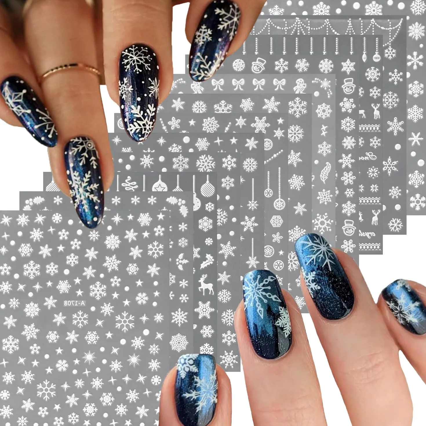 12 fogli adesivi per nail art 3D per unghie di Natale autoadesivi fiocchi di neve, decorazione per donne e ragazze