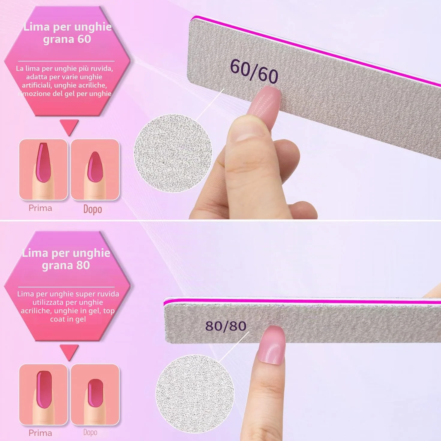Grana 80/80 Lime per Unghie, 12 Pezzi Lima per Unghie Professionale, Lime Unghie Bifacciali per La Cura E Lo Styling Delle Unghie, Lima Unghie per L'Estensione Delle Unghie in Polietilene in Salone
