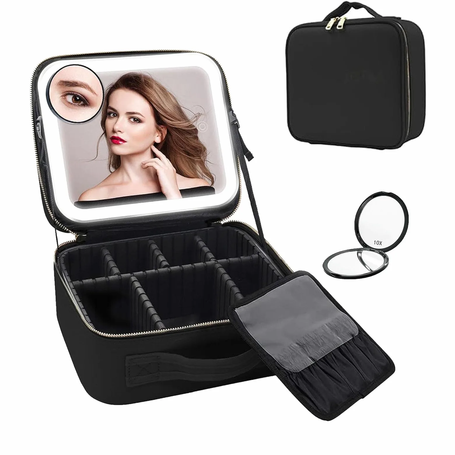 Borsa da trucco da viaggio, Organizer Per Cosmetici con grande specchio LED regolabile a 3 impostazioni con scomparti staccabile, Borsa da Toilette Impermeabile perfetto per viaggio/all'aperto