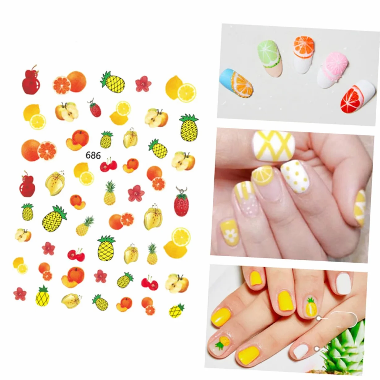 3 Set Adesivi Unghie Frutta Con Design E Per Manicure Creativa Facile Applicazione Per Eventi E Feste 12 Fogli*3