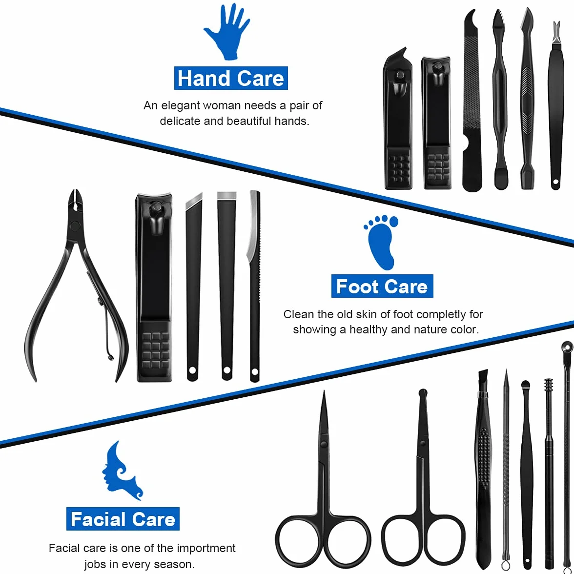 Set manicure professionale 18 strumenti acciaio inox pedicure cura unghie viaggio blu nero