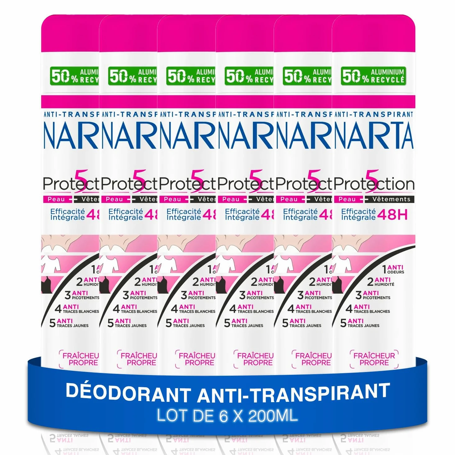 NARTA - Deodorante da donna – protezione 5 anti-traspirante spray efficacia integrale 48 ore – set di 6 x 200 ml