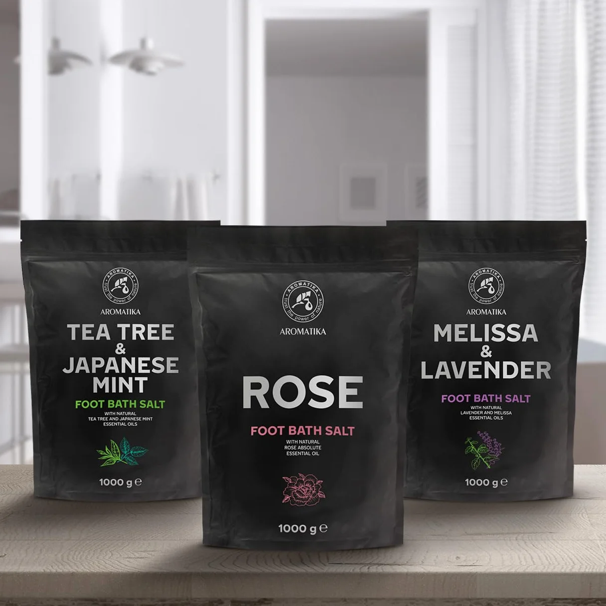 Set Sale per Pediluvio Lavanda e Melissa - Menta Piperita e Tè - Rosa 3x1000g - Pediluvio al Sale Marino Naturale - Pediluvio - Unghie - Pedicure - Sali Profumati da Bagno