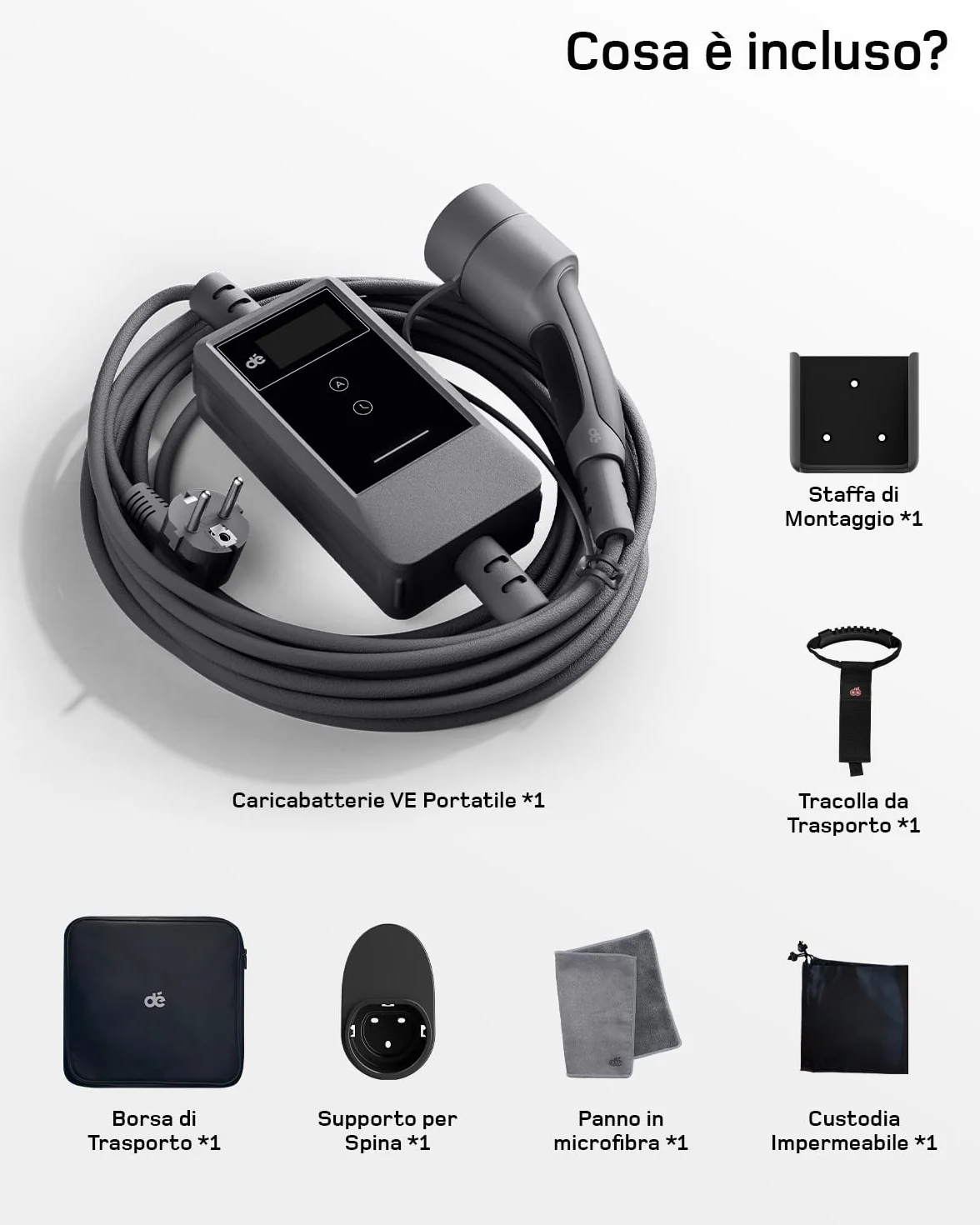 Carichino Auto Elettrica Portatile Tipo 2 Schuko 3,7kW 7m 6–16A LCD Caricatore EV PHEV