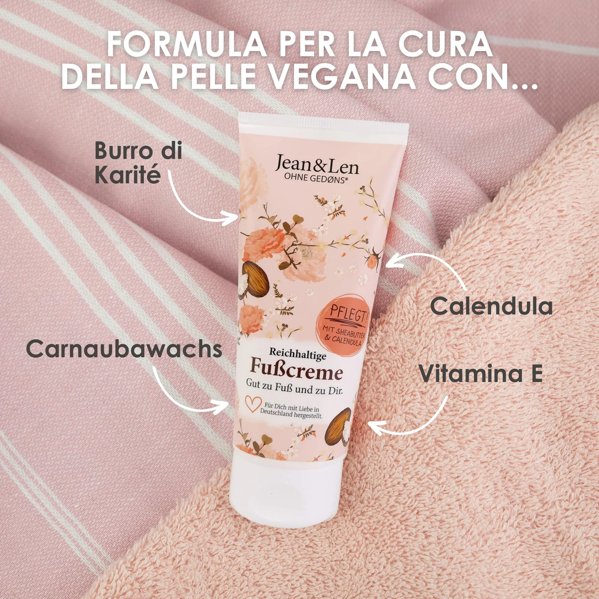 Jean & Len crema piedi burro di karité e calendula, per pelle secca e stressata, cura a fondo e rende i piedi morbidi, profumo rosmarino e zenzero, Foot Cream, senza parabeni e siliconi, 100 ml