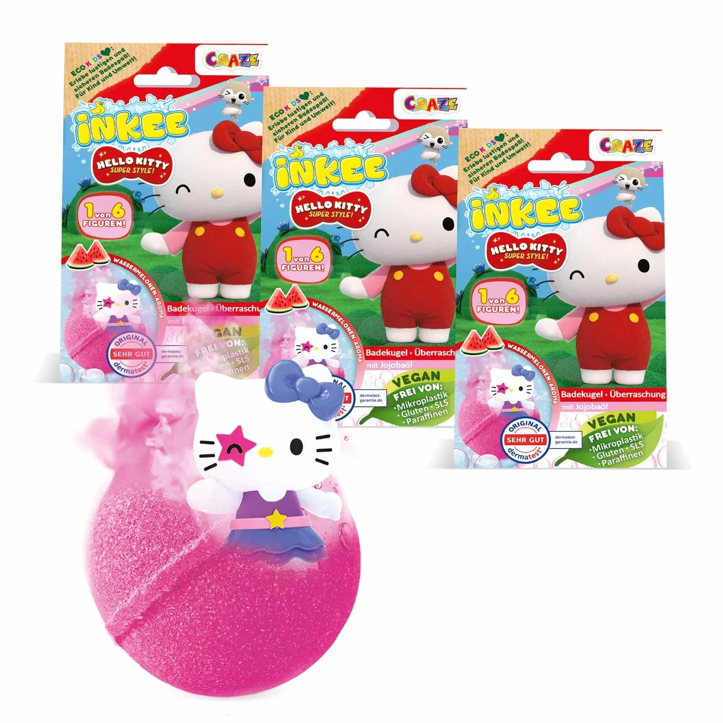 INKEE Hello Kitty 3 Pack - bombe da bagno per bambini con sorpresa - 3 di 6 figure di Hello Kitty da collezionare - 3x palline da bagno da 80 g al gusto di anguria e olio di jojoba, rosa o rosso